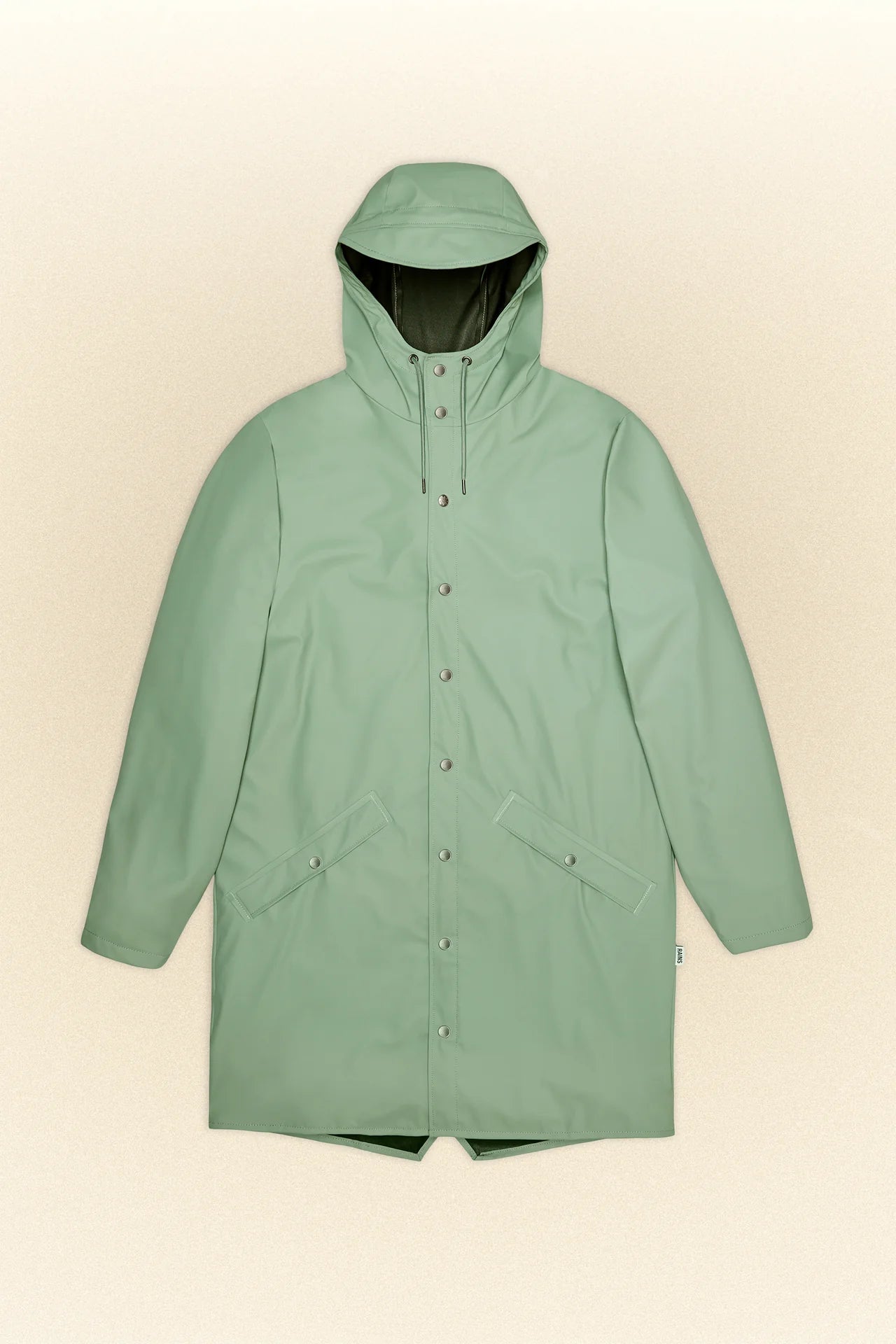 A waterproof Rains Long Jacket on a white background.