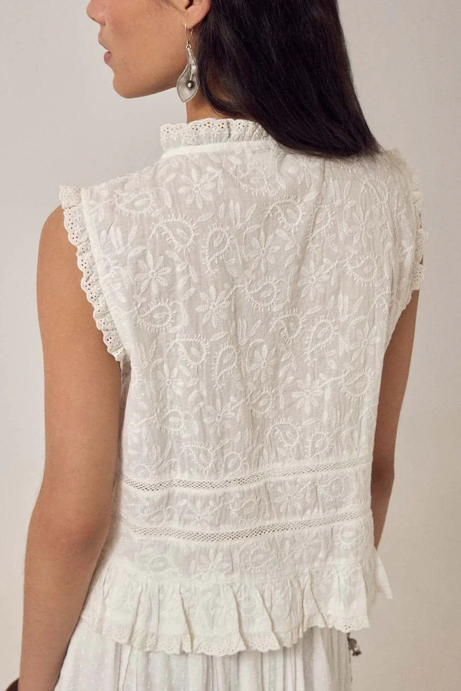 Woman shown from the back wearing the Maison Hotel Camila Top in Bright White, featuring lace embroidery, a ruffled hem, and delicate floral patterns. She has long dark hair and is wearing a silver earring.
