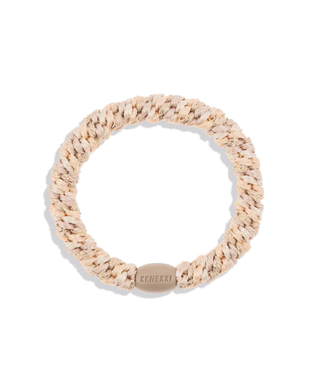 KKNEKKI Hair Tie - Mix in beige and cream, featuring a gentle grip that's kind to your hair and a small oval "Kknekki" tag, shown on a white background.