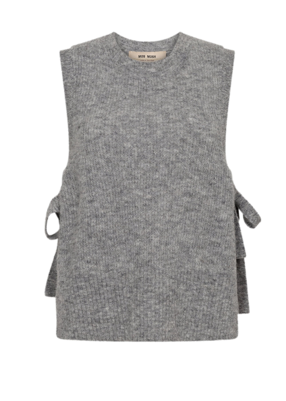 The Thora Tie Knit Vest in Grey Melange by MOS MOSH is a sleeveless vest crafted from a soft alpaca wool blend, featuring a round neckline and adjustable tie fastenings at the sides, displayed against a white background.