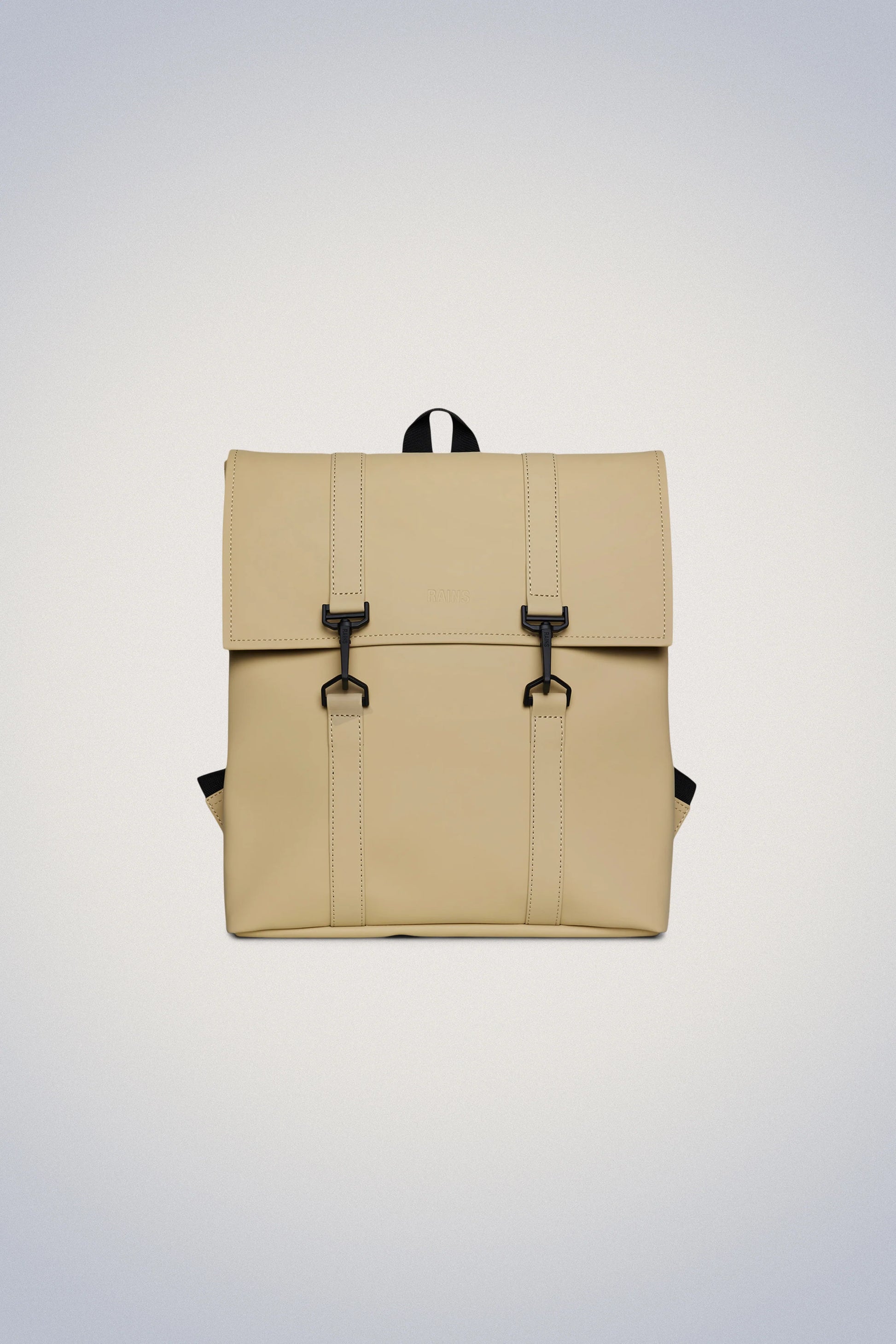 A beige Rains MSN Bag Mini backpack on a white background.