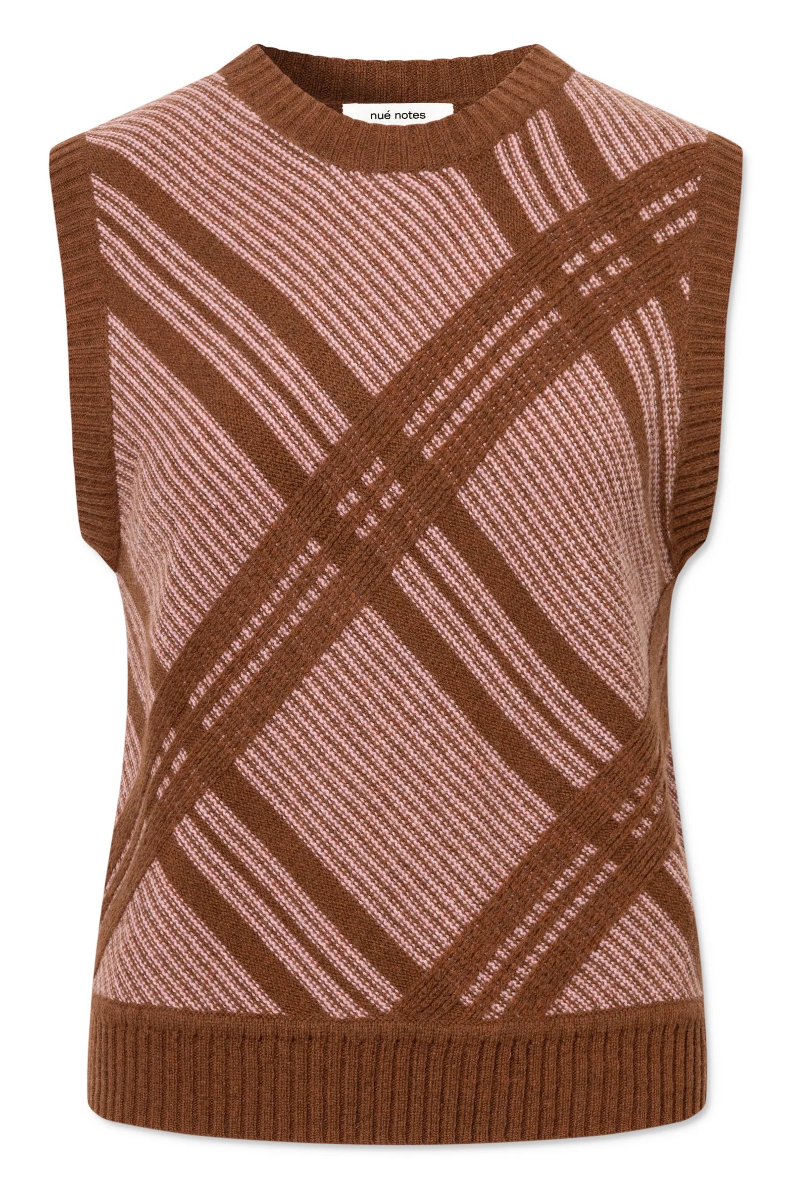 The Malik Vest - Chestnut Pink by Nué Notes features a sleeveless brown knit with a pink plaid pattern, plus ribbed collar, armholes, and hem.