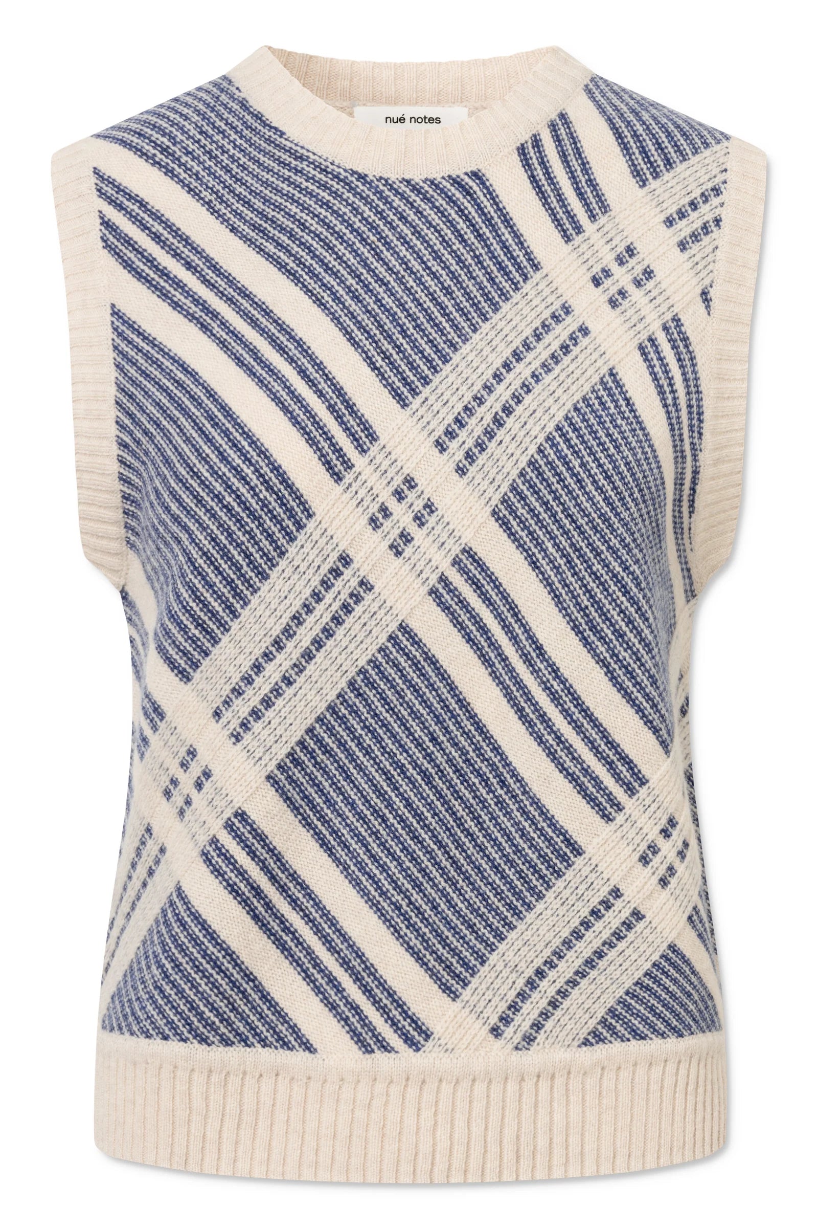 The Malik Vest - Egret Marine by Nué Notes is a sleeveless knit with a Marine blue check pattern and ribbed edges at the collar, armholes, and hem.