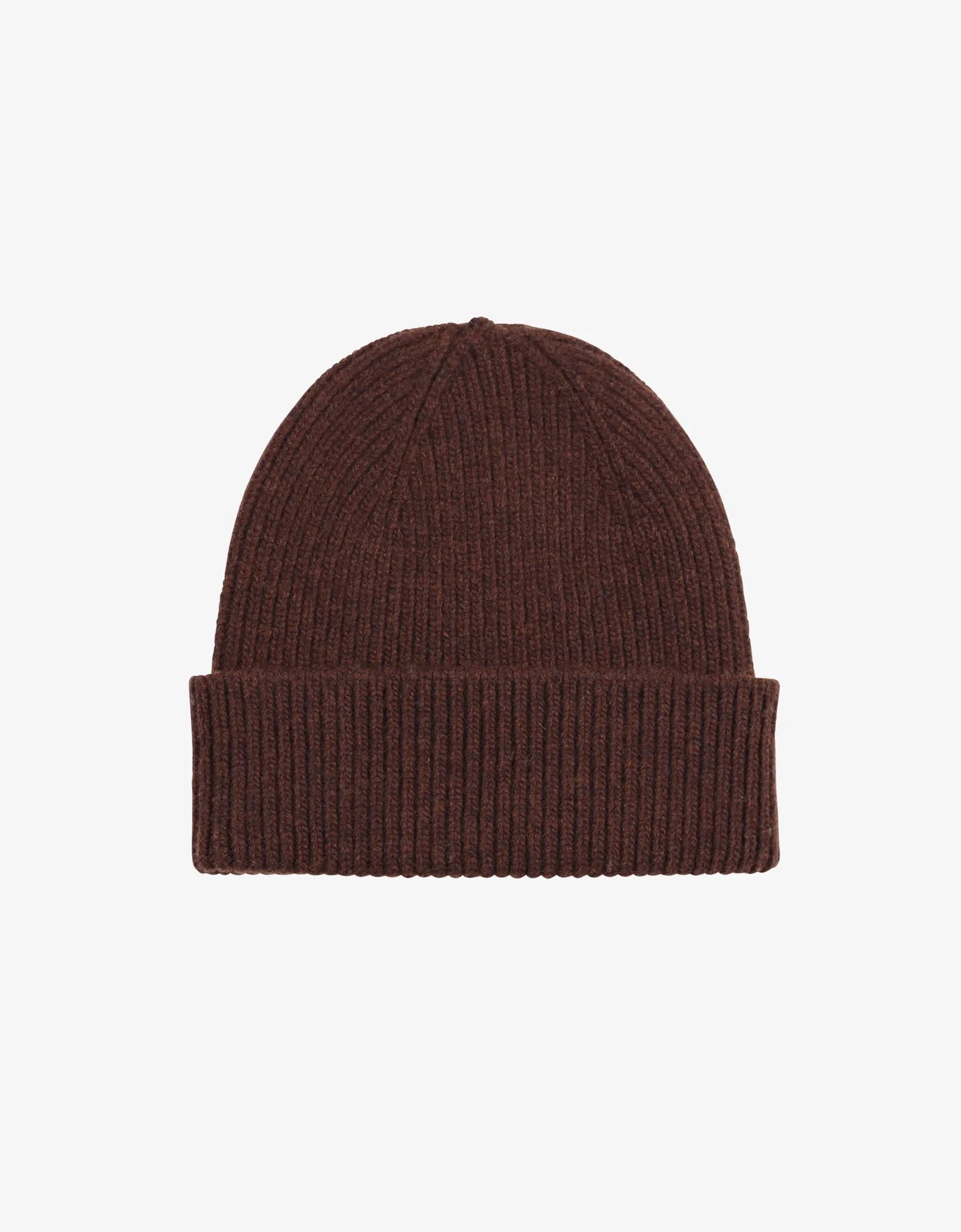 The Merino Wool Beanie by Colorful Standard is a brown, ribbed texture accessory made from recycled merino wool and features a stylish single fold.