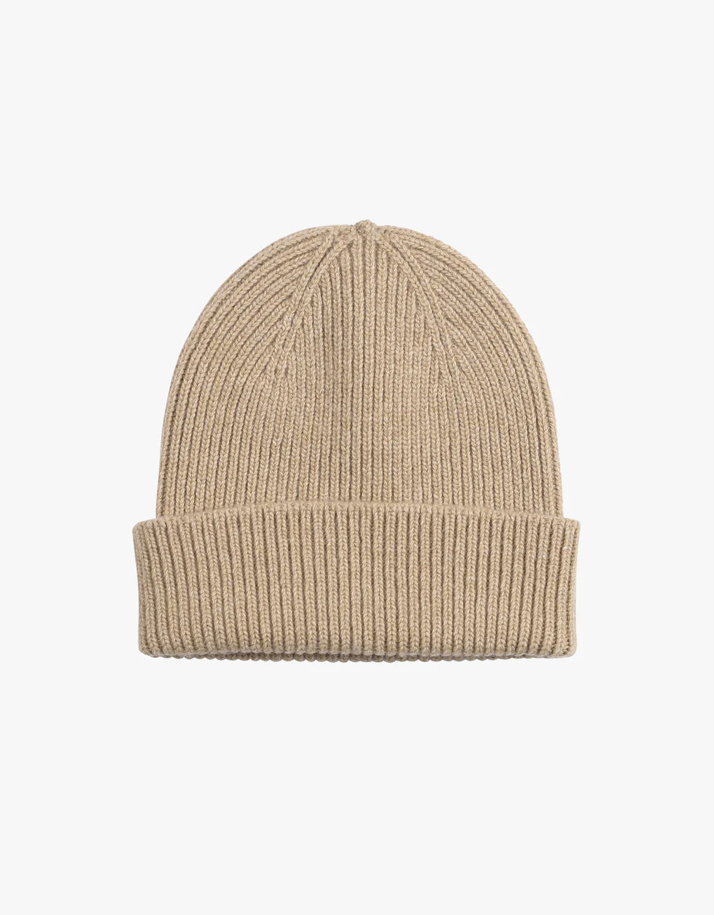 A Colorful Standard Merino Wool Beanie in tan on a white background.