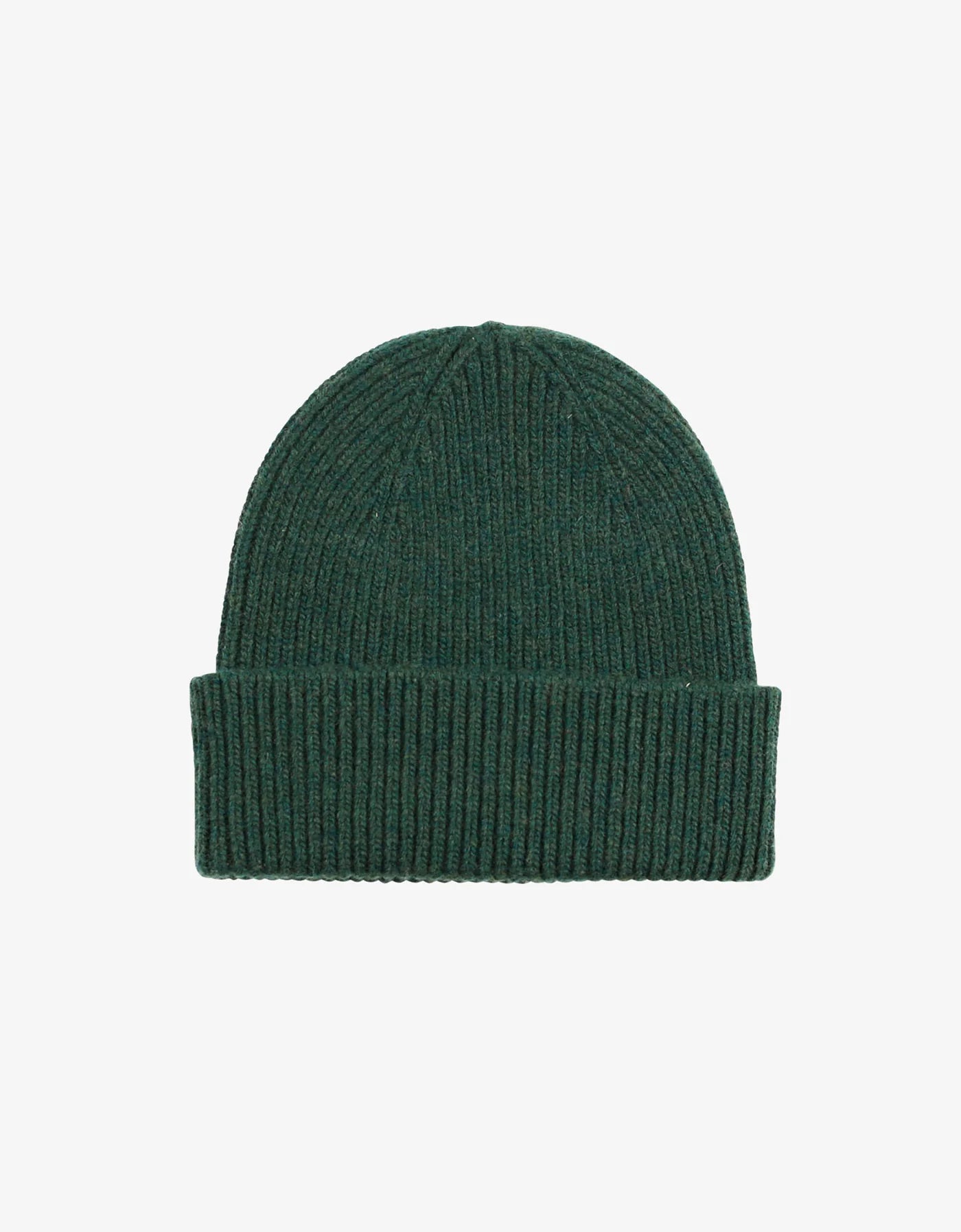 The Merino Wool Beanie by Colorful Standard is a dark green, ribbed knit beanie made from recycled merino wool, featuring a single fold cuff, shown on a plain white background.