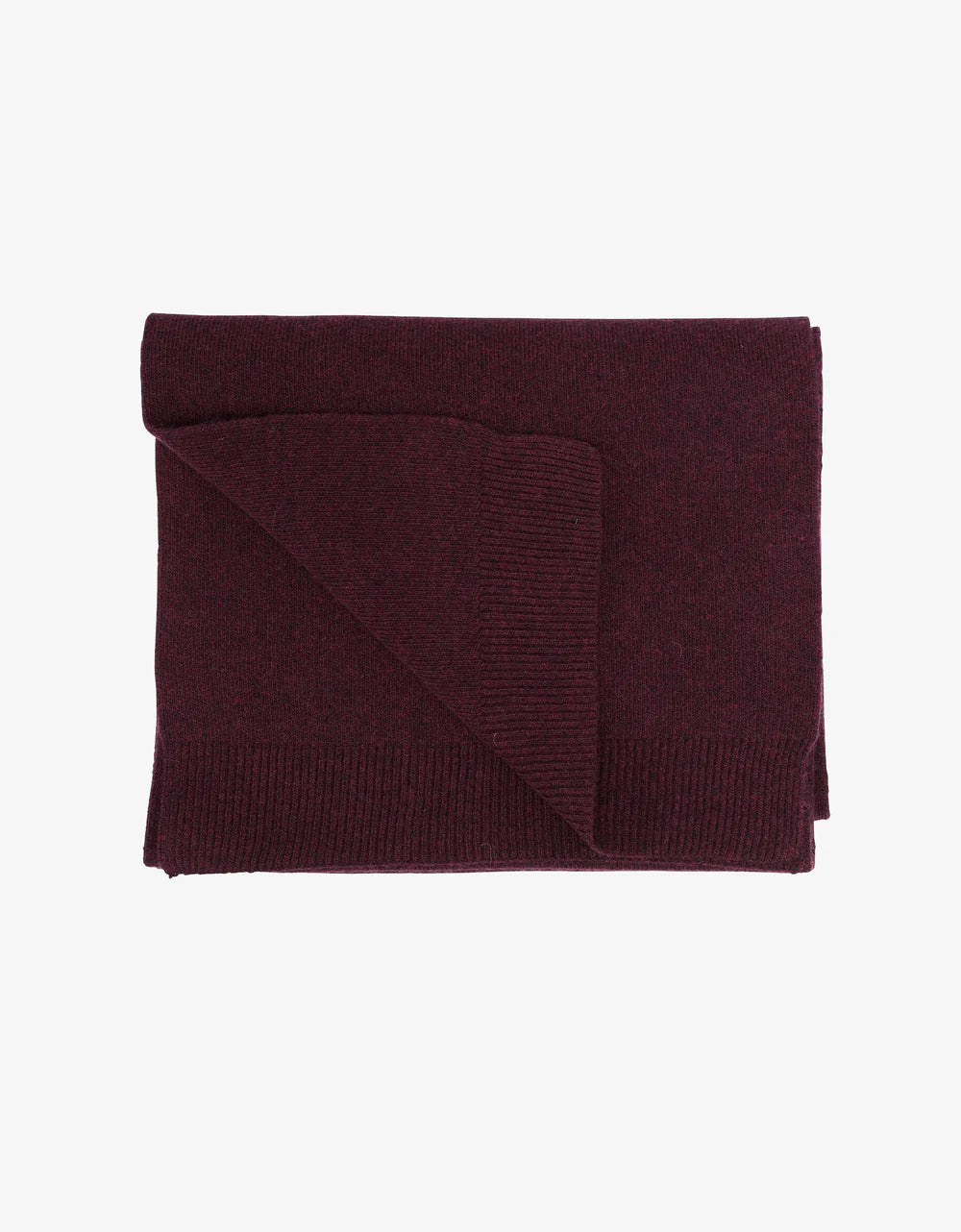 A burgundy scarf made from recycled merino wool with a distinct ribbed edge is elegantly displayed, exuding warmth, against a plain white background. This exquisite piece is from the Colorful Standard collection.