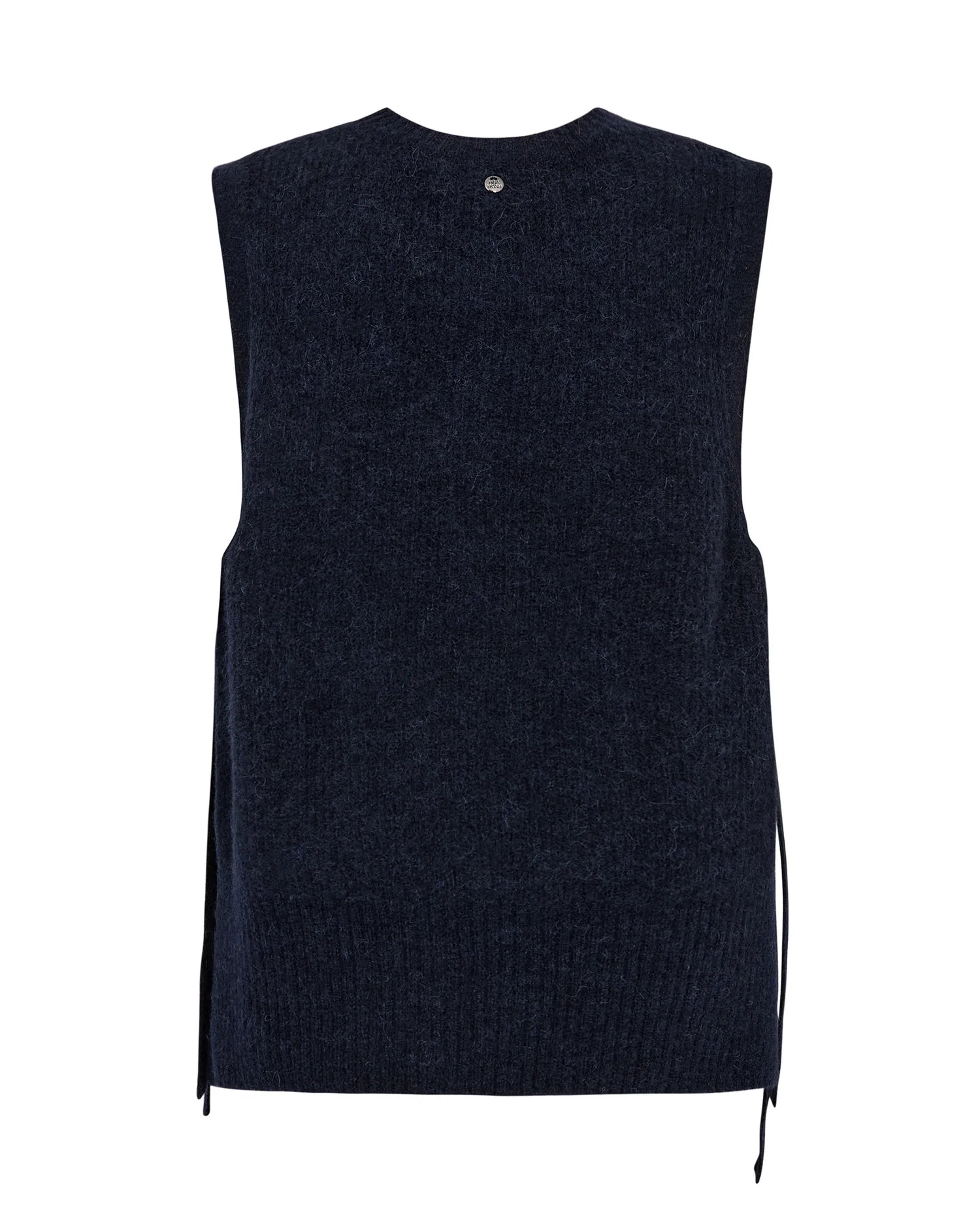 MOS MOSH Thora Tie Knit Vest in navy, crafted from alpaca wool, is shown from the back with a sleeveless silhouette, ribbed hem, and delicate side ties.