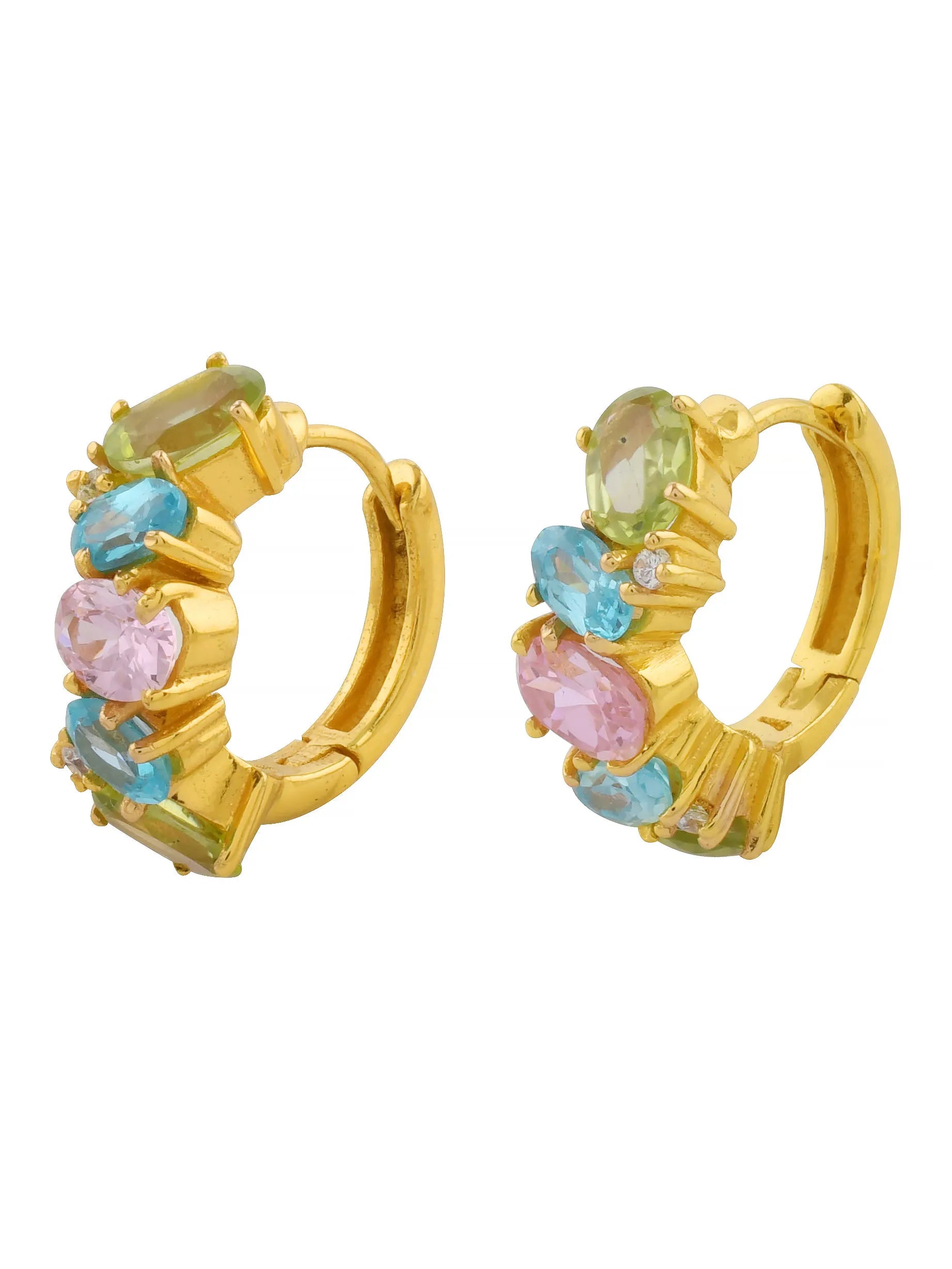 A pair of Shyla - Nila Huggies Multi - Gold hoop earrings perfect for summer.