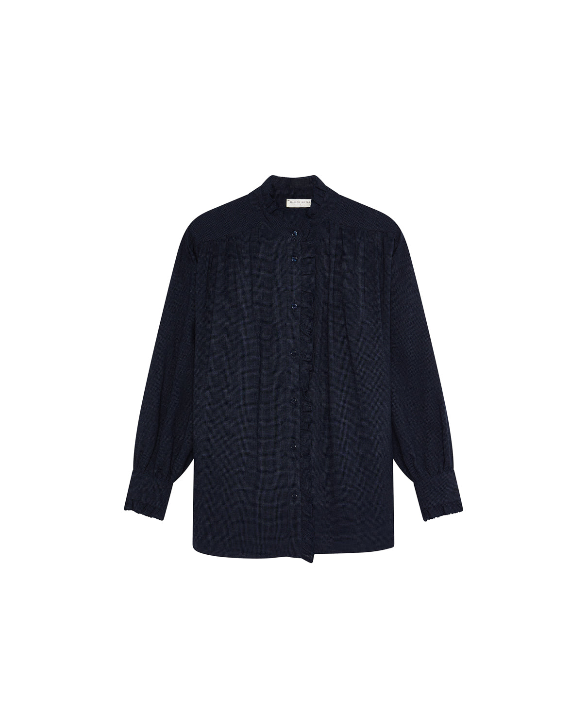 The Maison Hotel Celeste Blouse in Eclipse Blue features long sleeves, a button-down front, ruffled placket trim, and a high collar, shown against a white background.