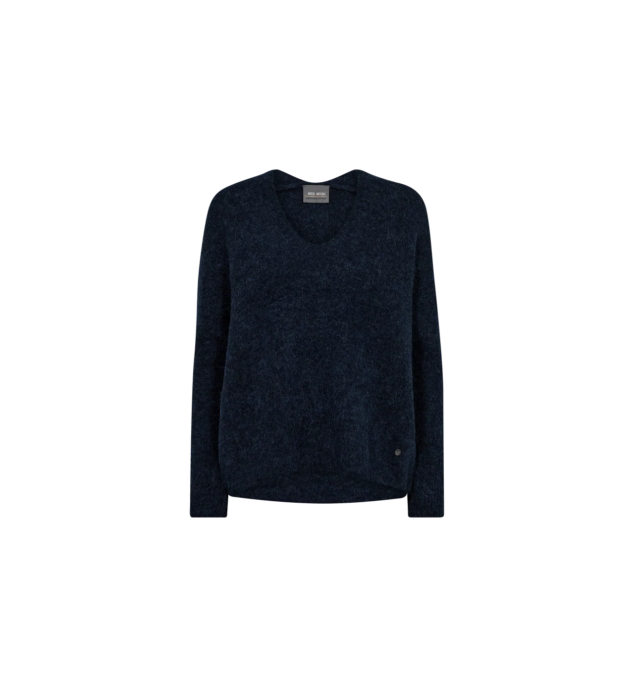 The Thora V-Neck - Navy women’s sweater by MOS MOSH, crafted from soft Alpaca Wool knit, is displayed against a plain white background.