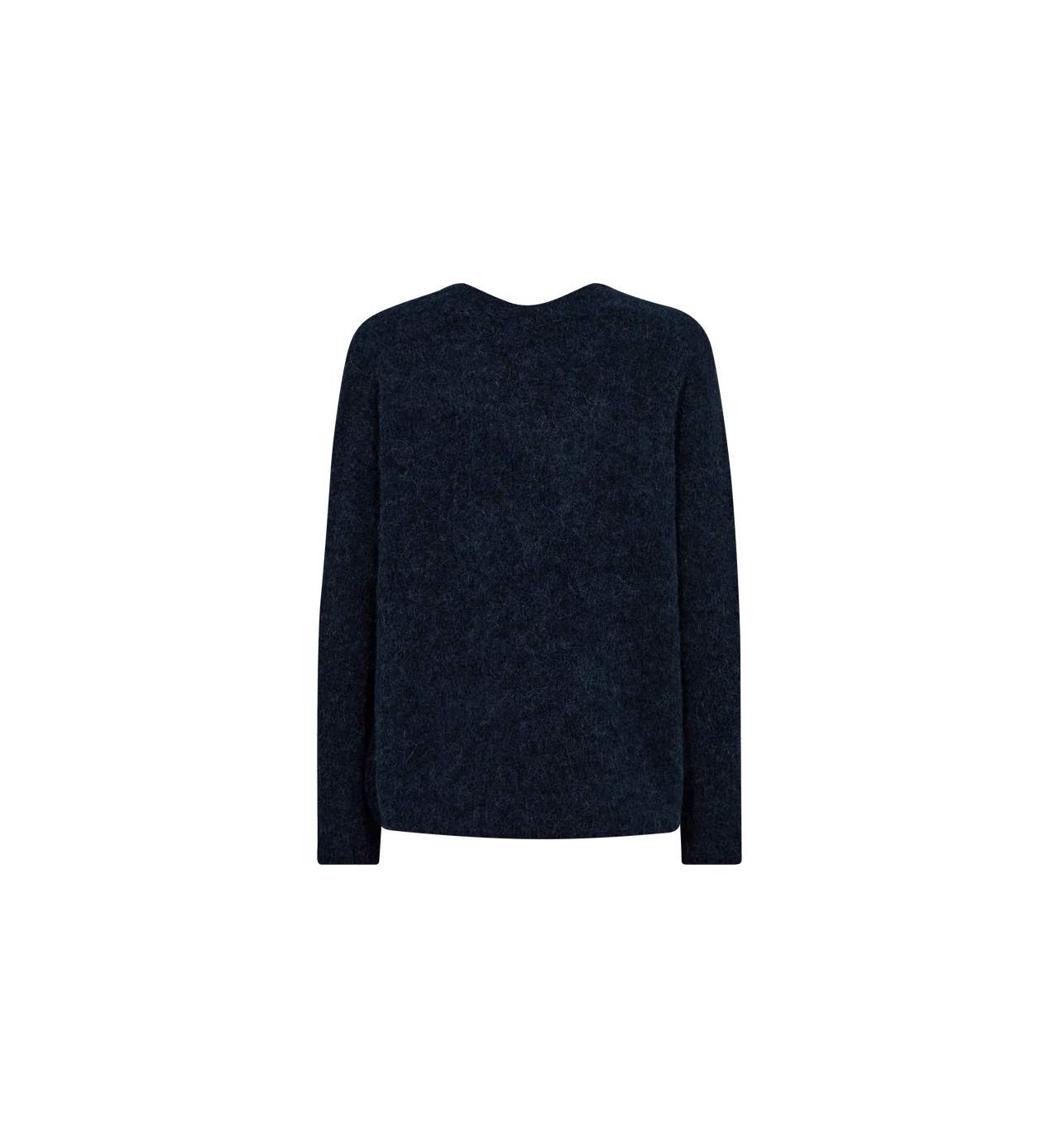 The Thora V-Neck sweater by MOS MOSH is shown from the back in navy, featuring a relaxed fit and crafted from soft Alpaca Wool knit, set against a plain white background.