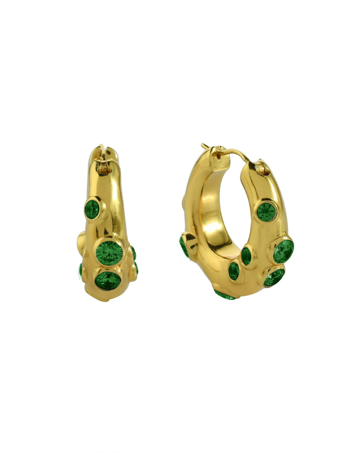 A pair of SHYLA - Oren Hoops - Gold with emerald stones.