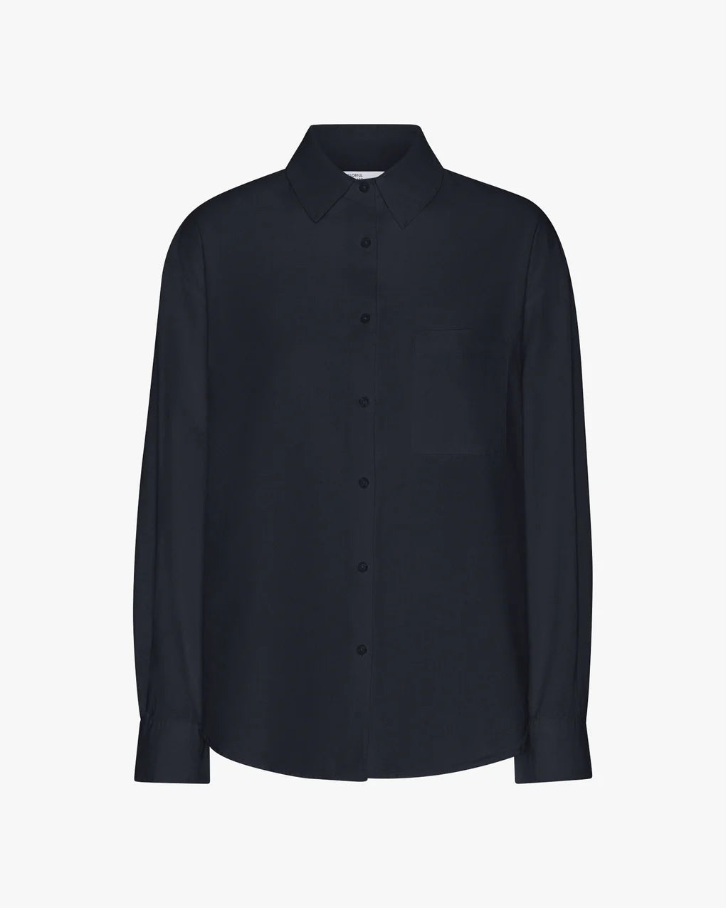 An Organic Oversized Shirt by Colorful Standard in navy with buttons and cuffs.