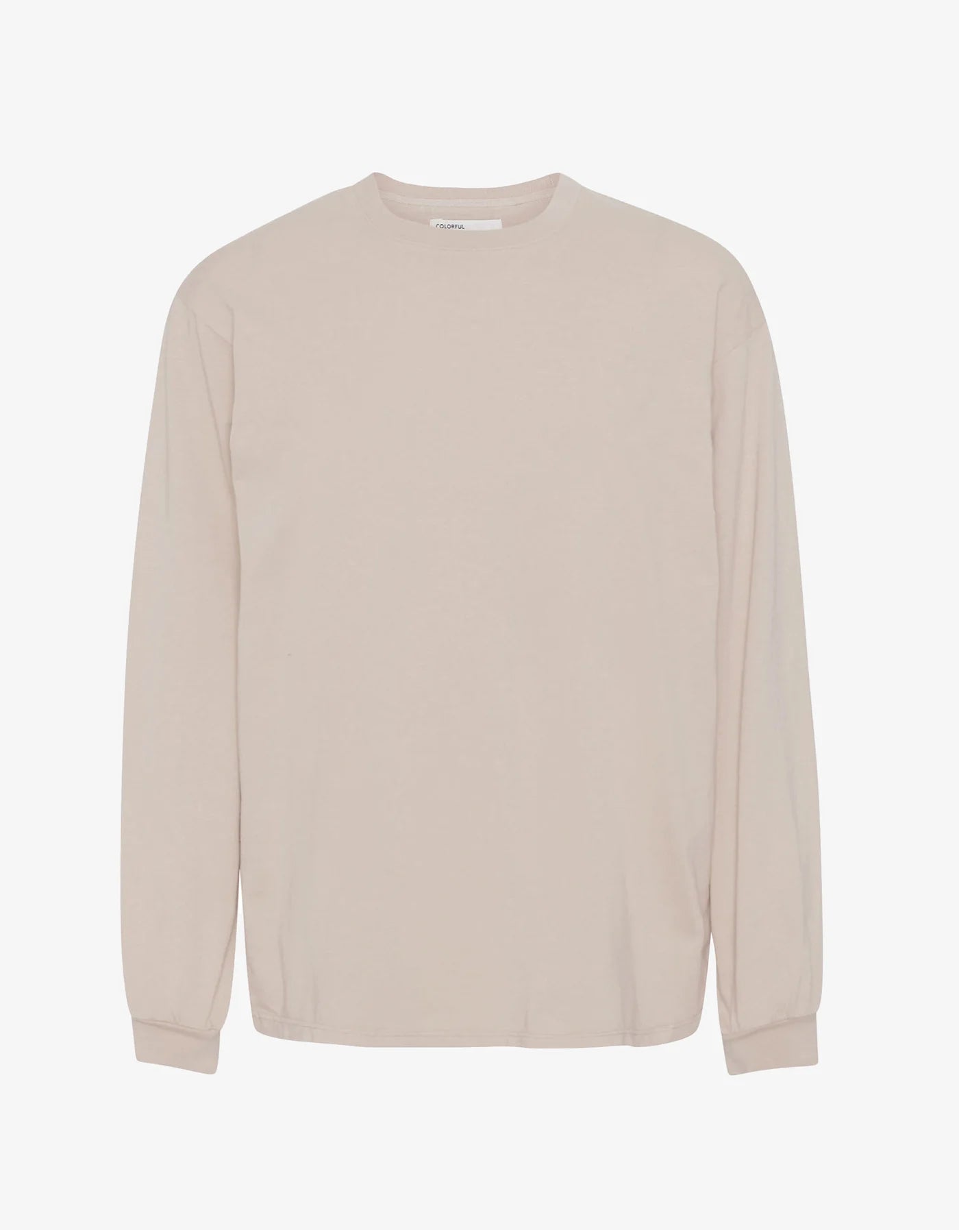 A beige Organic Oversized Long Sleeve T-Shirt by Colorful Standard, made from organic cotton with a crew neck and an oversized fit, displayed against a white background.