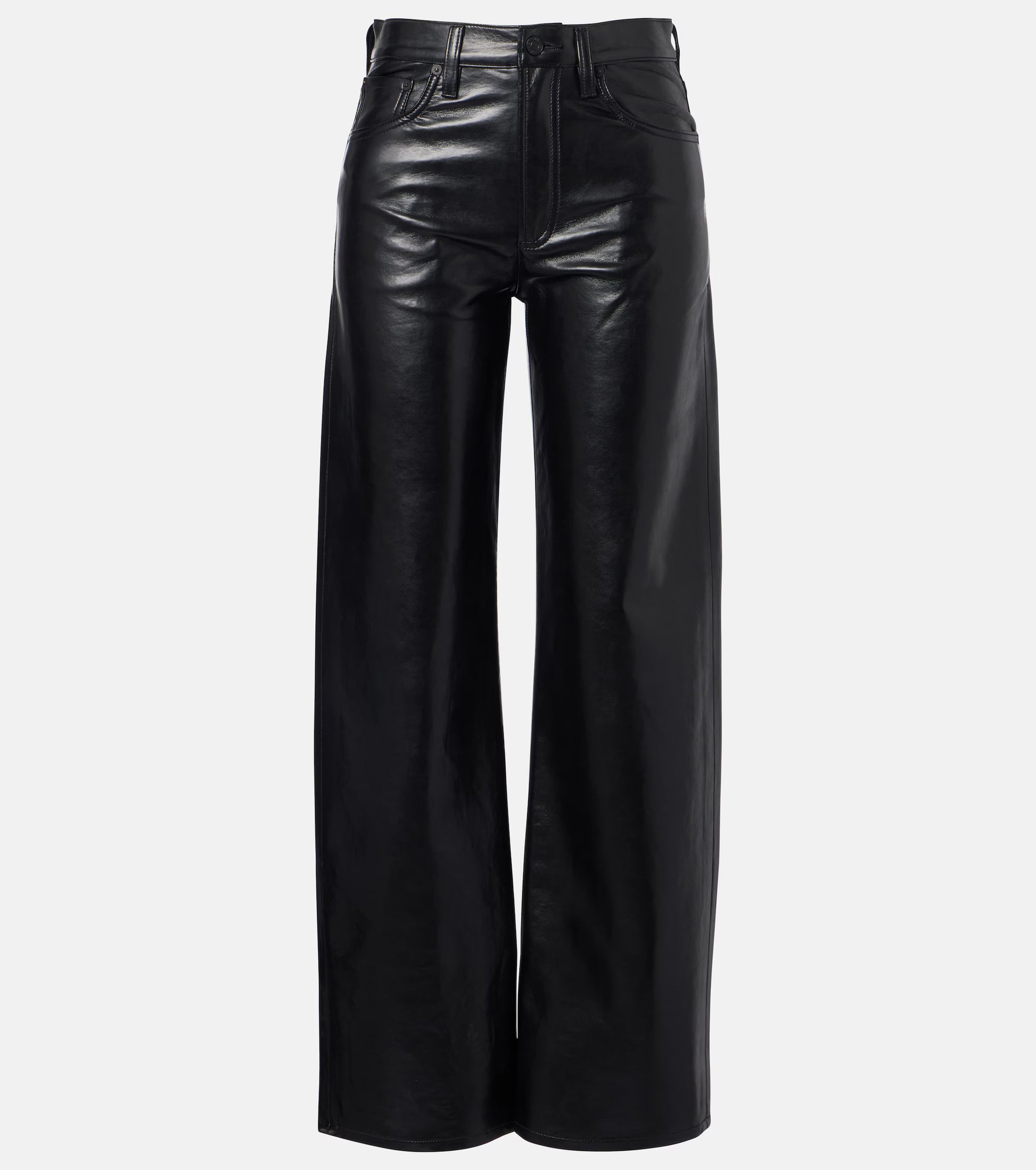 The AGOLDE Arc Jean 32 Wide Leg Trousers in Detox are high-waisted, wide-leg black faux leather pants featuring a front zipper, button closure, and side pockets, displayed against a plain white background.