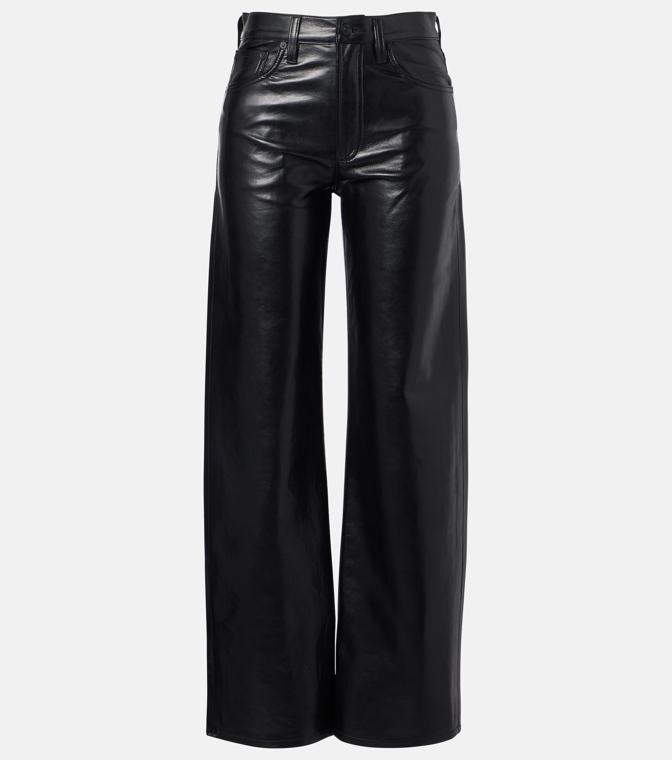 The AGOLDE Arc Jean 32 Wide Leg Trousers in Detox are high-waisted, wide-leg black faux leather pants featuring a front zipper, button closure, and side pockets, displayed against a plain white background.