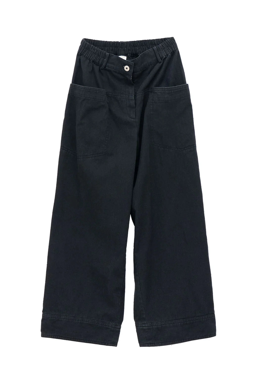 The Emin and Paul Utility Trousers - Black feature a relaxed fit, elastic waistband, front button closure, and large front pockets, displayed flat on a white background.