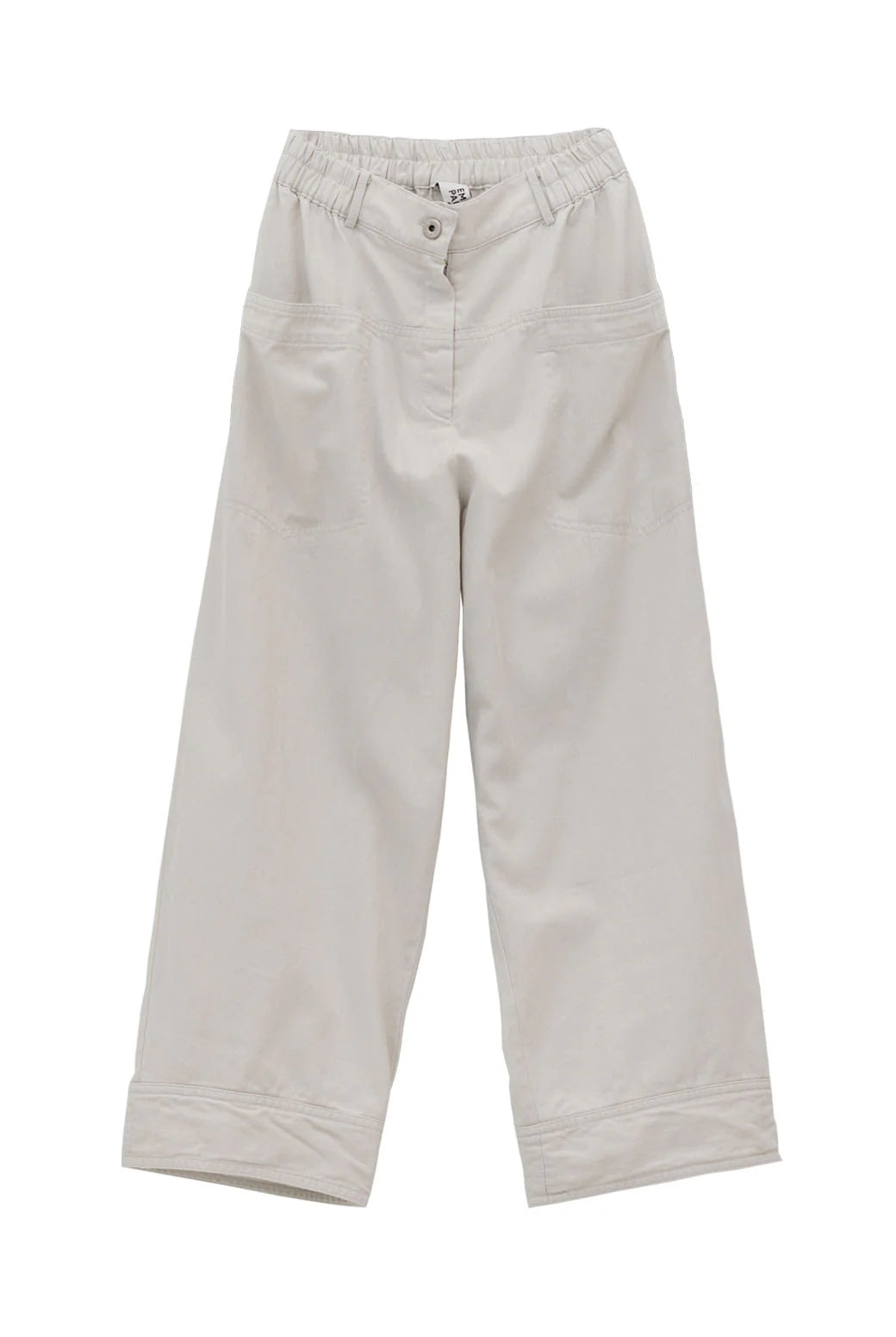 Emin and Paul Utility Trousers in light grey, crafted from 100% cotton with a wide-leg fit, elastic waistband, button closure, and two front pockets, displayed flat on a white background.