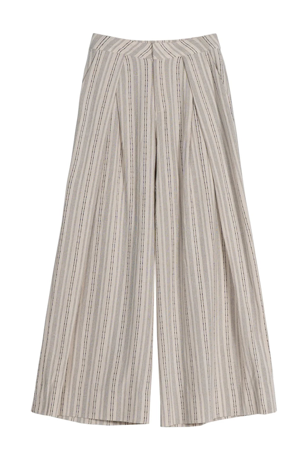 The Structured Pleat Trousers - Cream Stripe by Emin and Paul feature vertical beige and grey stripes, front pleats, a button-closure waistband, and a high-waisted wide-leg silhouette for modern elegance.