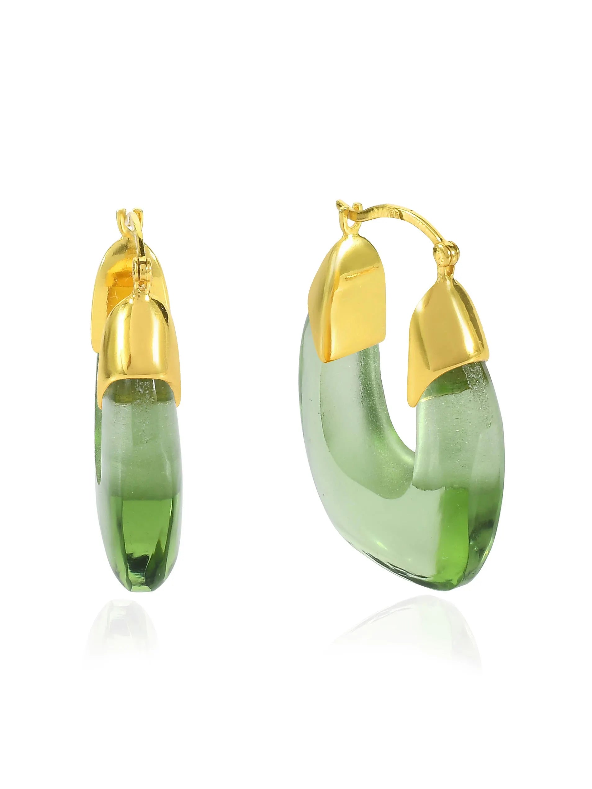 A pair of SHYLA - Rafelli gold plated hoop earrings with soft green glass.