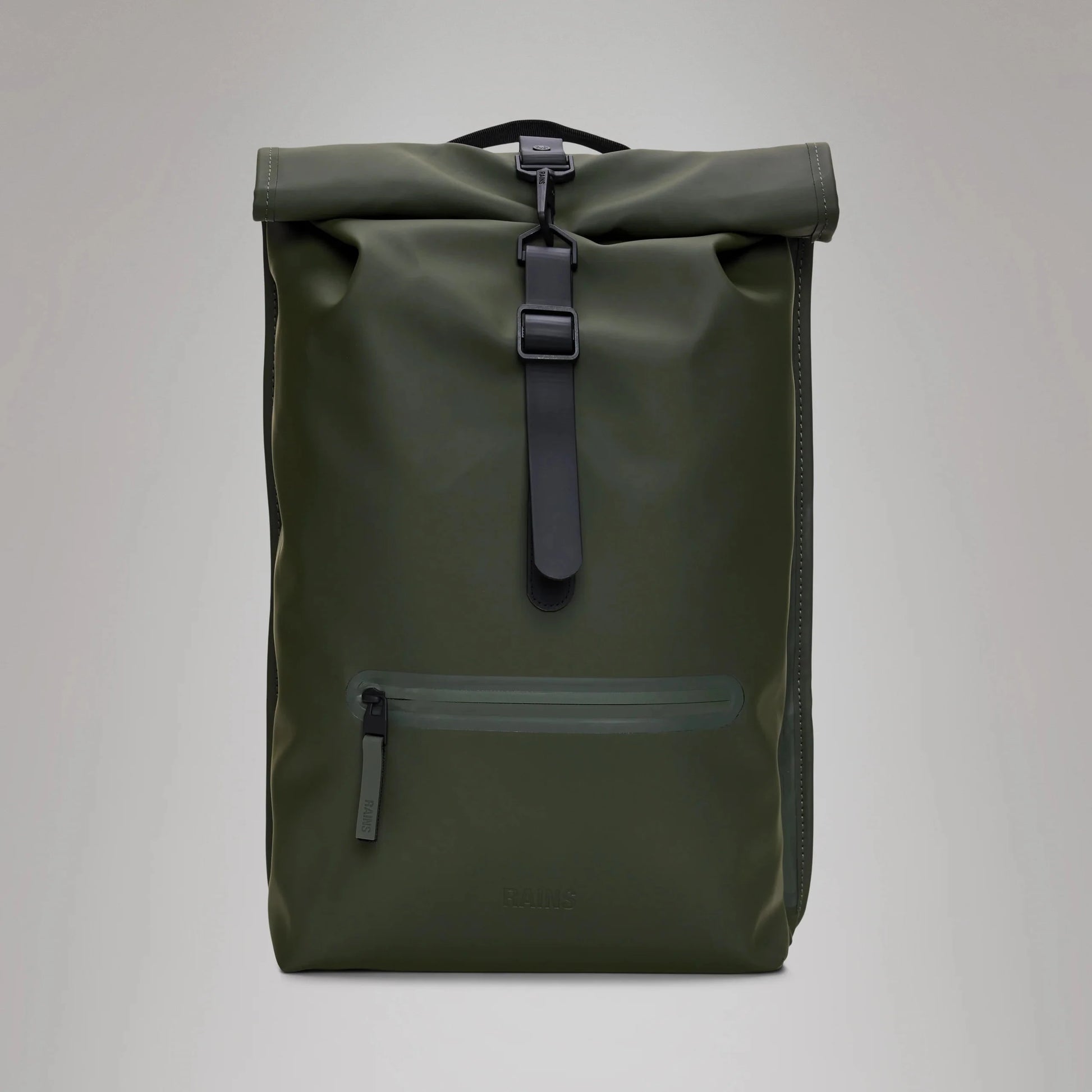 Rains' Rolltop Rucksack in green is crafted from waterproof PU fabric, featuring a front zip pocket, black buckle closure, and a convenient side-access laptop pocket.