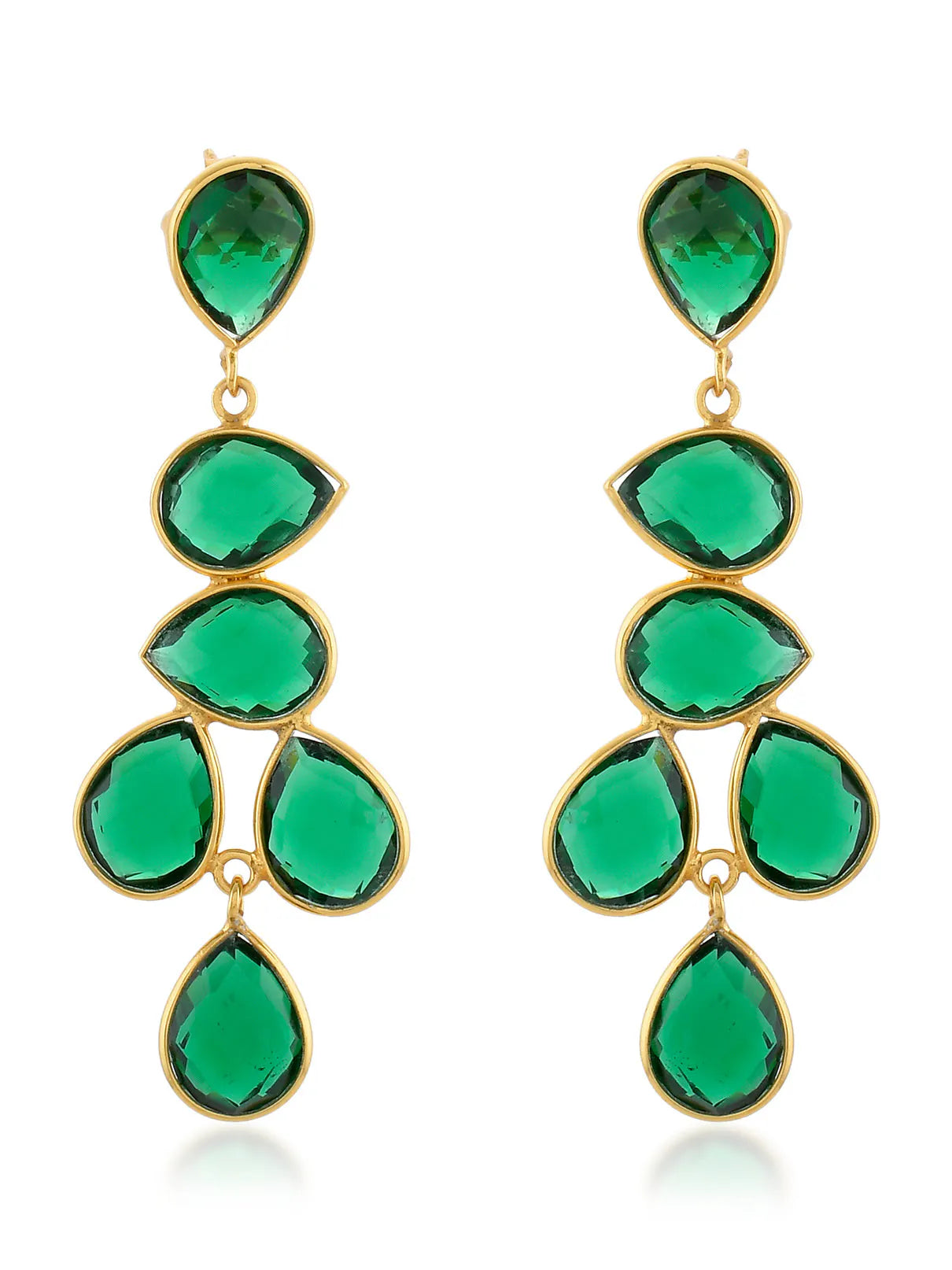 Shyla earrings adorned with deep emerald drop, an elegant evening accessory crafted in yellow gold.