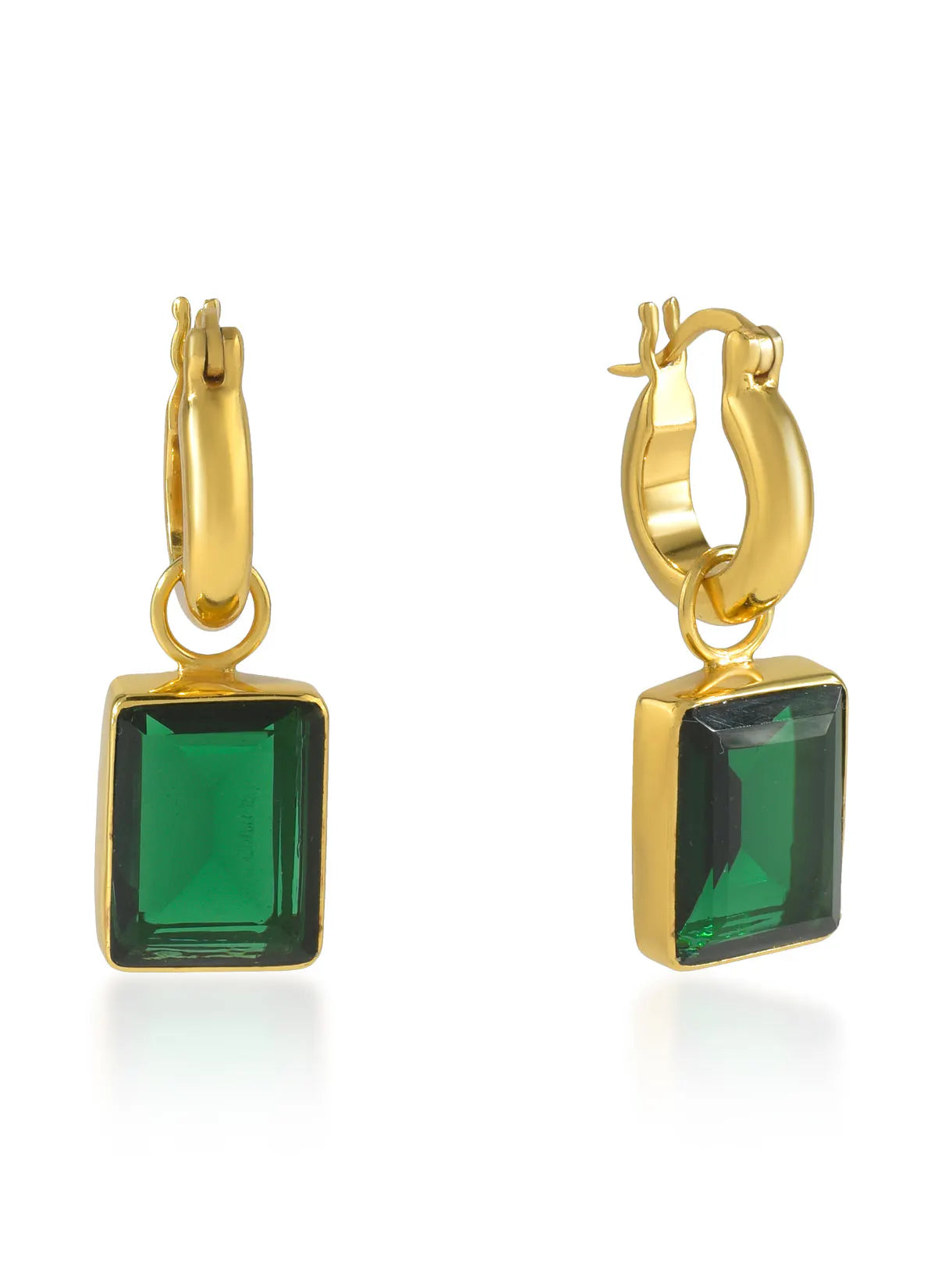 A pair of SHYLA - Sorrento Hoops- Gold with emerald green stones, featuring a high shine gold finish.