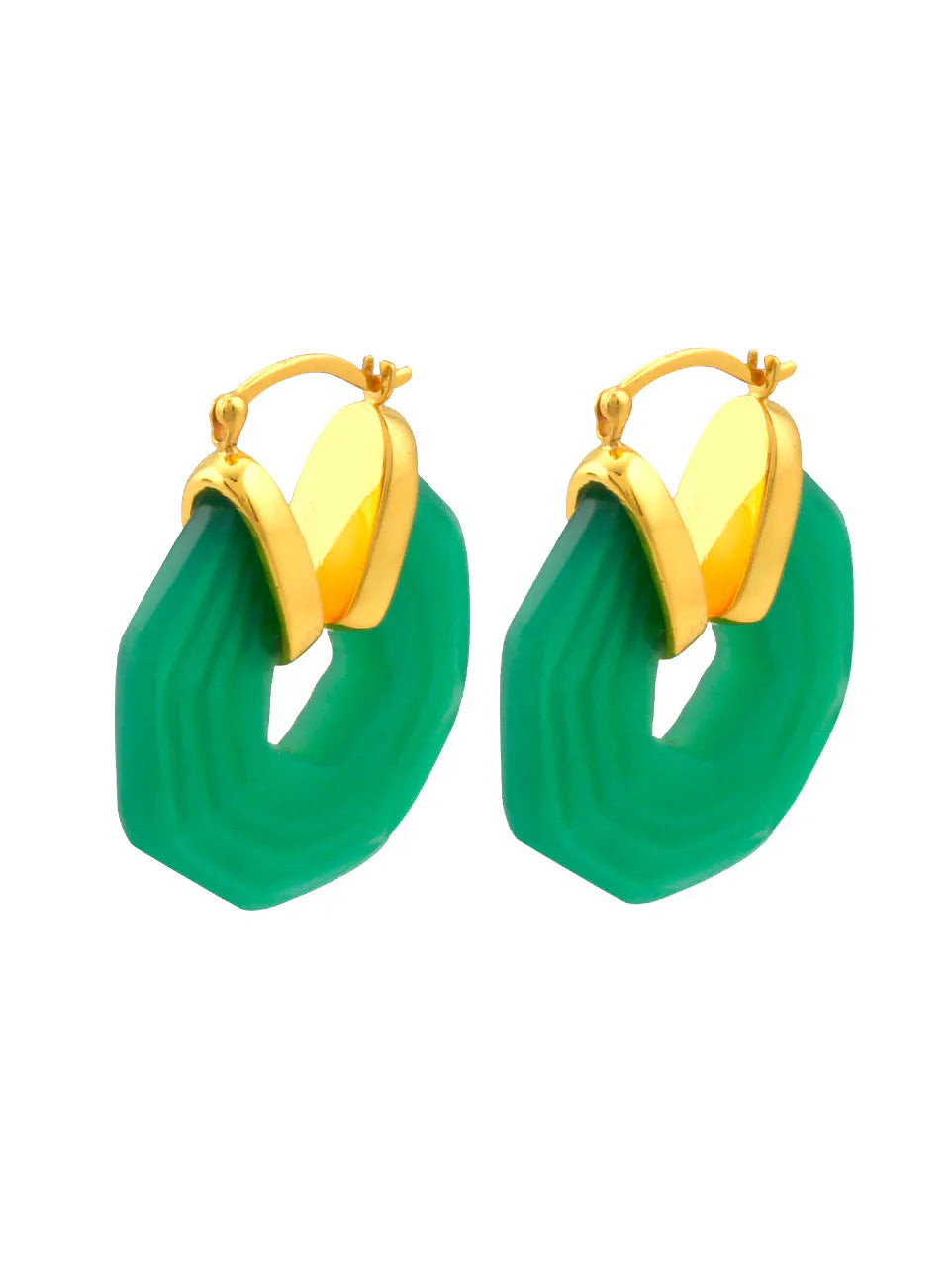 A pair of Shyla - Sphinx Earrings - Emerald, adorned with a touch of gold.