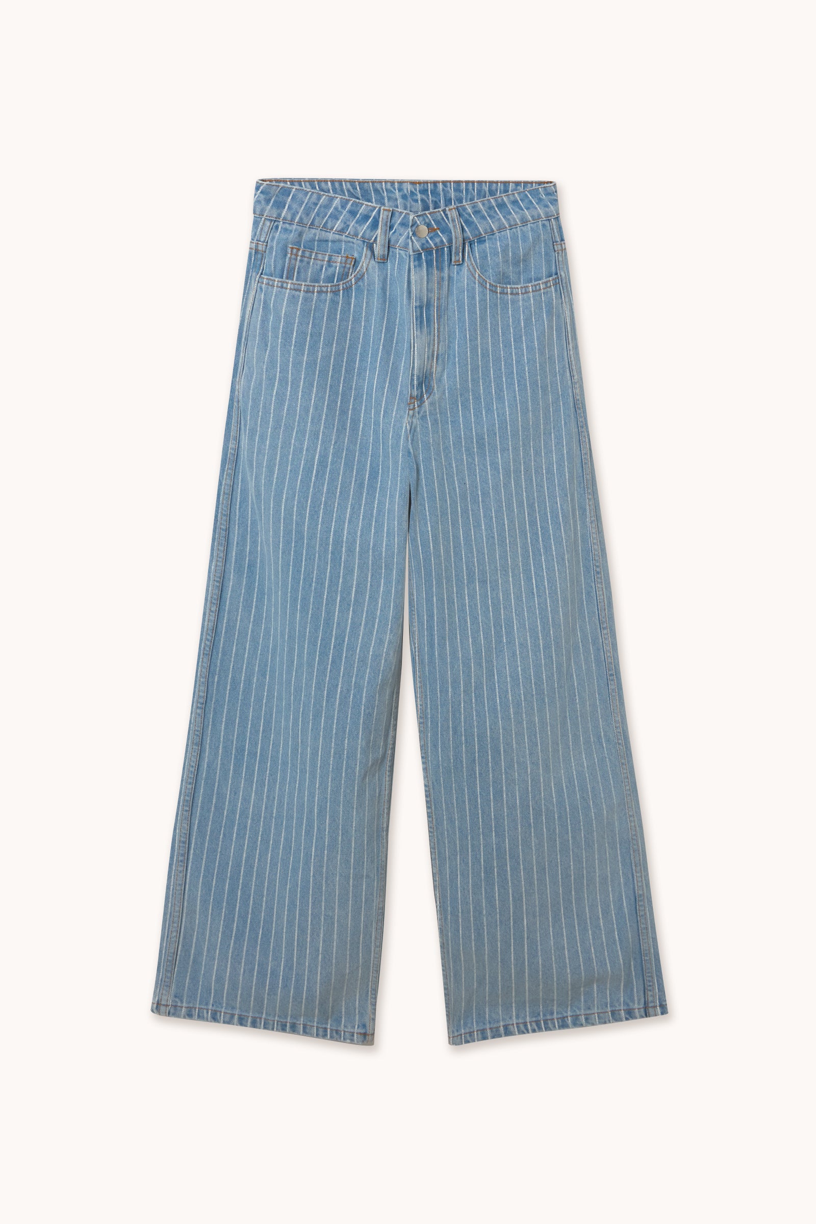 The Berta Wide Leg Jeans - Blue Stripe by Tiny Big Sister feature white vertical pinstripes, a high waist, two front pockets, and button-zip closure, displayed flat on a white background.