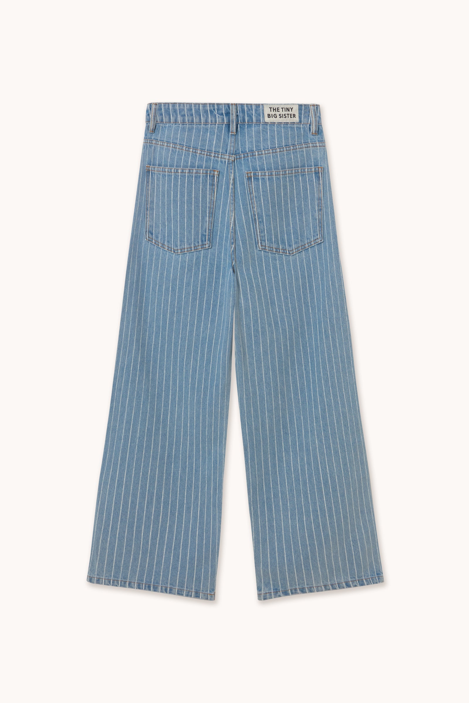 Back view of Tiny Big Sister's Berta Wide Leg Jeans in blue stripe, featuring a high waist, vertical white pinstripes, and two back pockets.