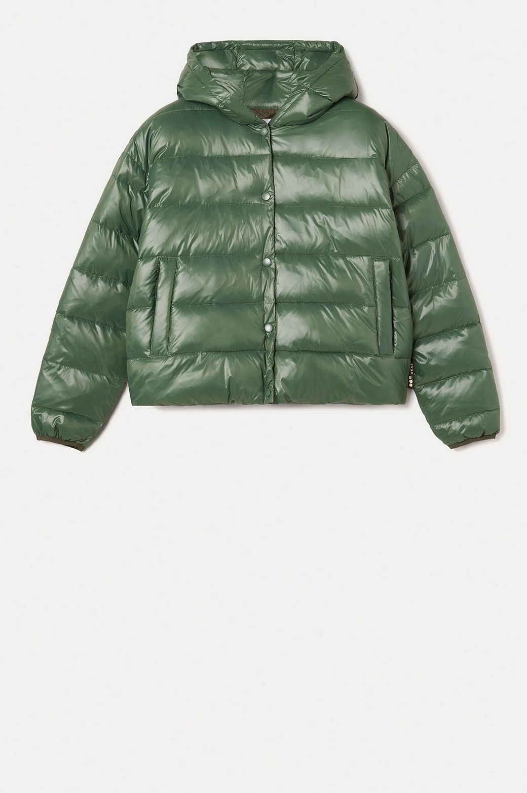 Green waist length puffer jacket.