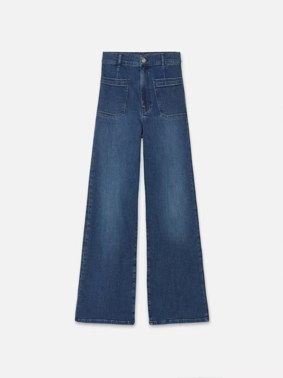 Wide leg jeans in a dark wash. Features front pockets.