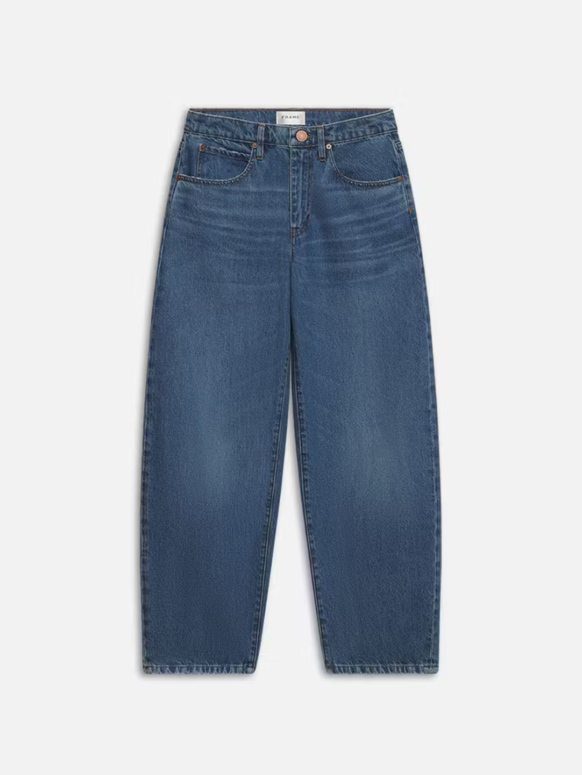 Front view of the Long Barrel Leg - Caramia jeans by Frame, showcasing a pair of blue ultra-high-rise barrel jeans with a button and zip closure. These jeans feature five pockets and slight fading on the thighs, crafted from sustainable denim.