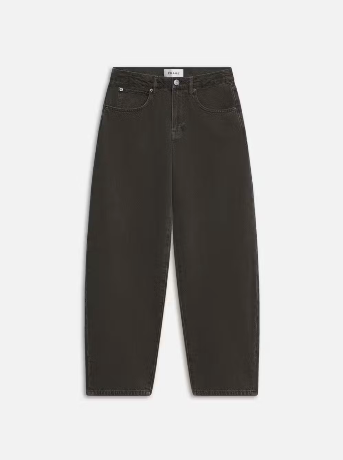 A pair of Long Barrel Leg - Serpentine jeans by Frame, featuring a relaxed fit and made from sustainable black denim with a five-pocket design and button and zip fly, displayed flat on a white background.