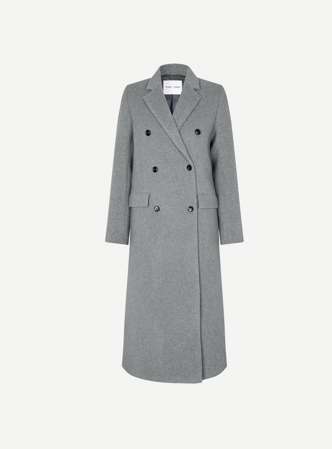 The Falcon Coat - Grey Melange by Samsøe Samsøe is an elegant long coat with a double-breasted design featuring black buttons. Made from recycled wool, it includes a collar and long sleeves, presented on a plain white background.