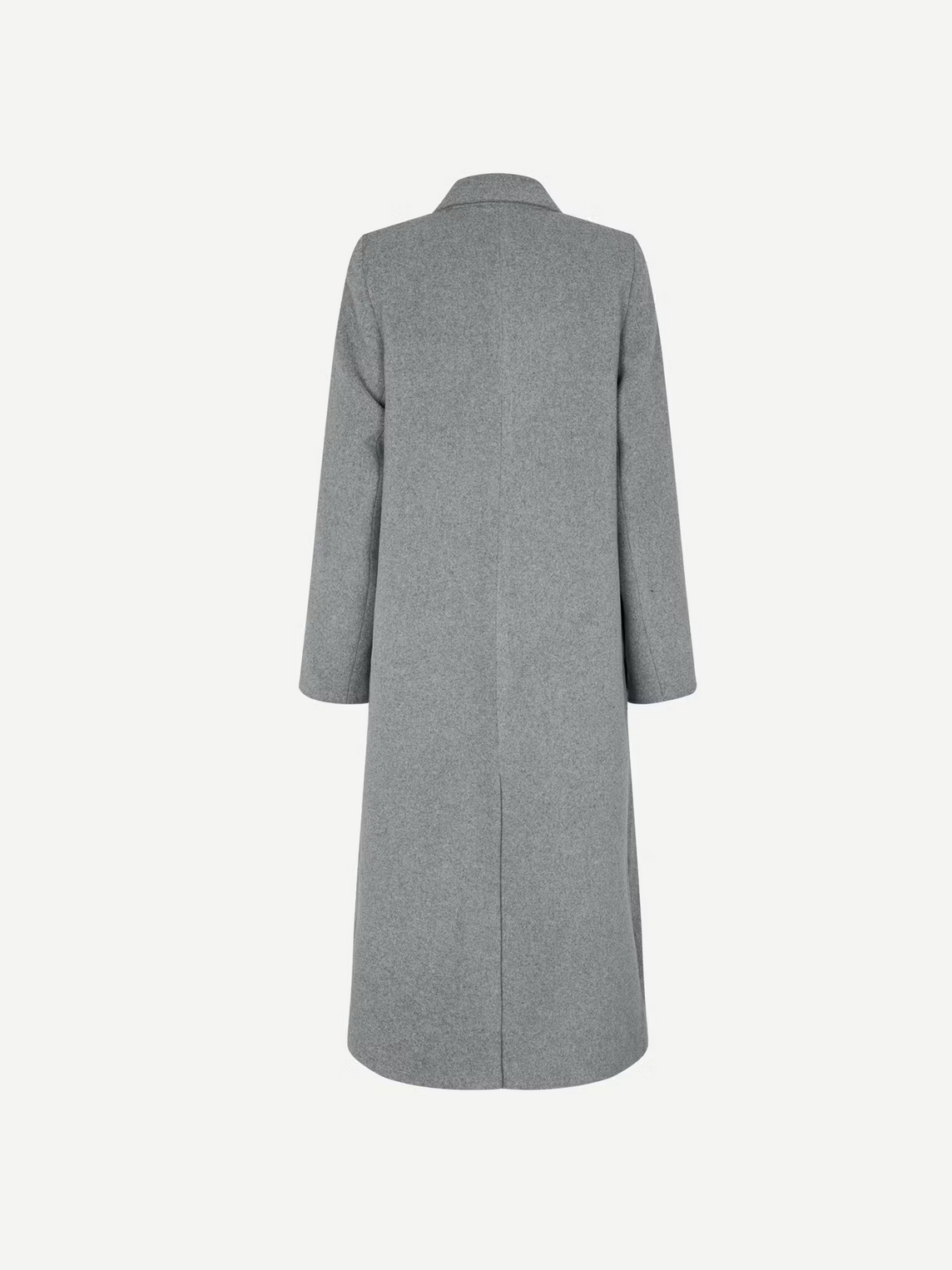 A back view of the Falcon Coat - Grey Melange by Samsøe Samsøe, featuring an elegant, straight-cut design, knee-length and long-sleeved, crafted from light grey melange recycled wool with a single vent.