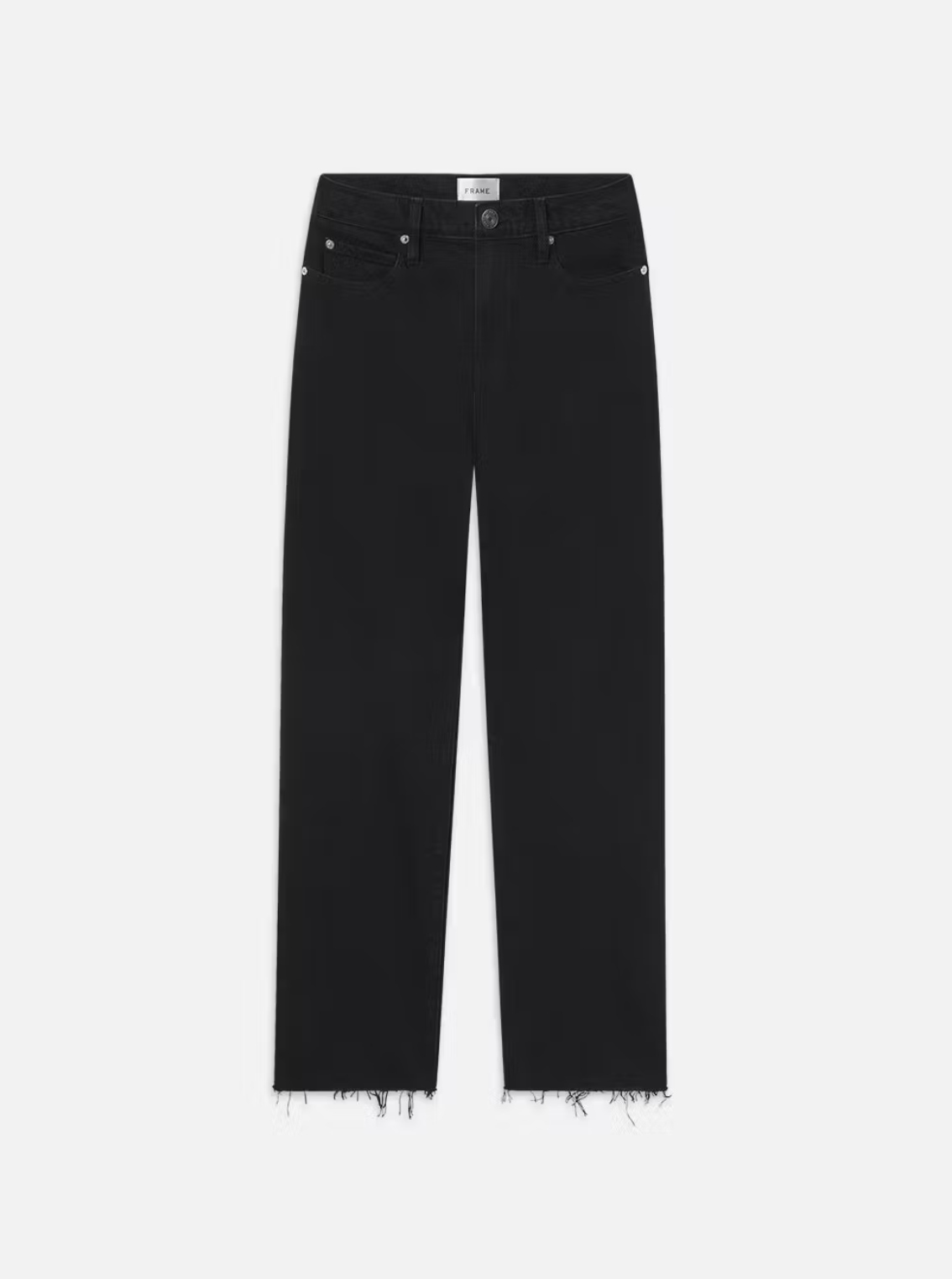 A pair of black straight-leg jeans from Frame, the Le Jane Crop Raw Fray, crafted from sustainable rigid denim with frayed hems and five-pocket styling. The waistband of these iconic high-rise jeans features belt loops and a button closure.