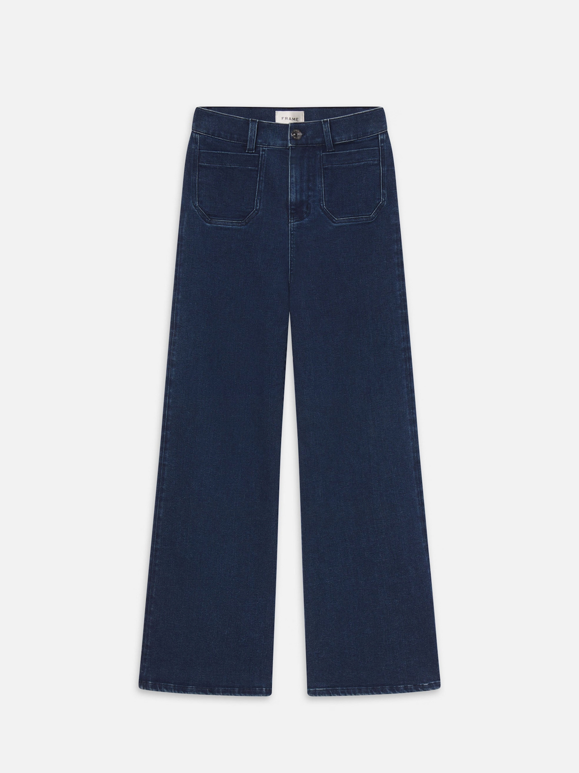 Dark blue Frame Le Slim Palazzo Modernist Pocket jeans, wide-leg with front pockets, high-rise waist, button and zipper closure, made from sustainable denim and laid flat on a white background.