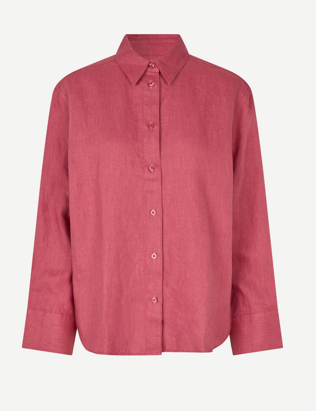 The Sanot Shirt - Rose by Samsøe Samsøe features a relaxed fit, collar, button-up front, and long sleeves.