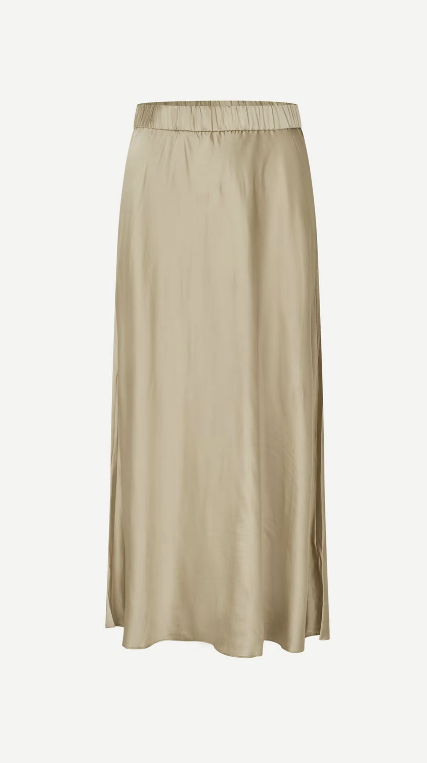 The Samiley Skirt - Aluminium by Samsøe Samsøe is a beige metallic champagne satin midi skirt with an elastic waistband, shown against a plain white background.