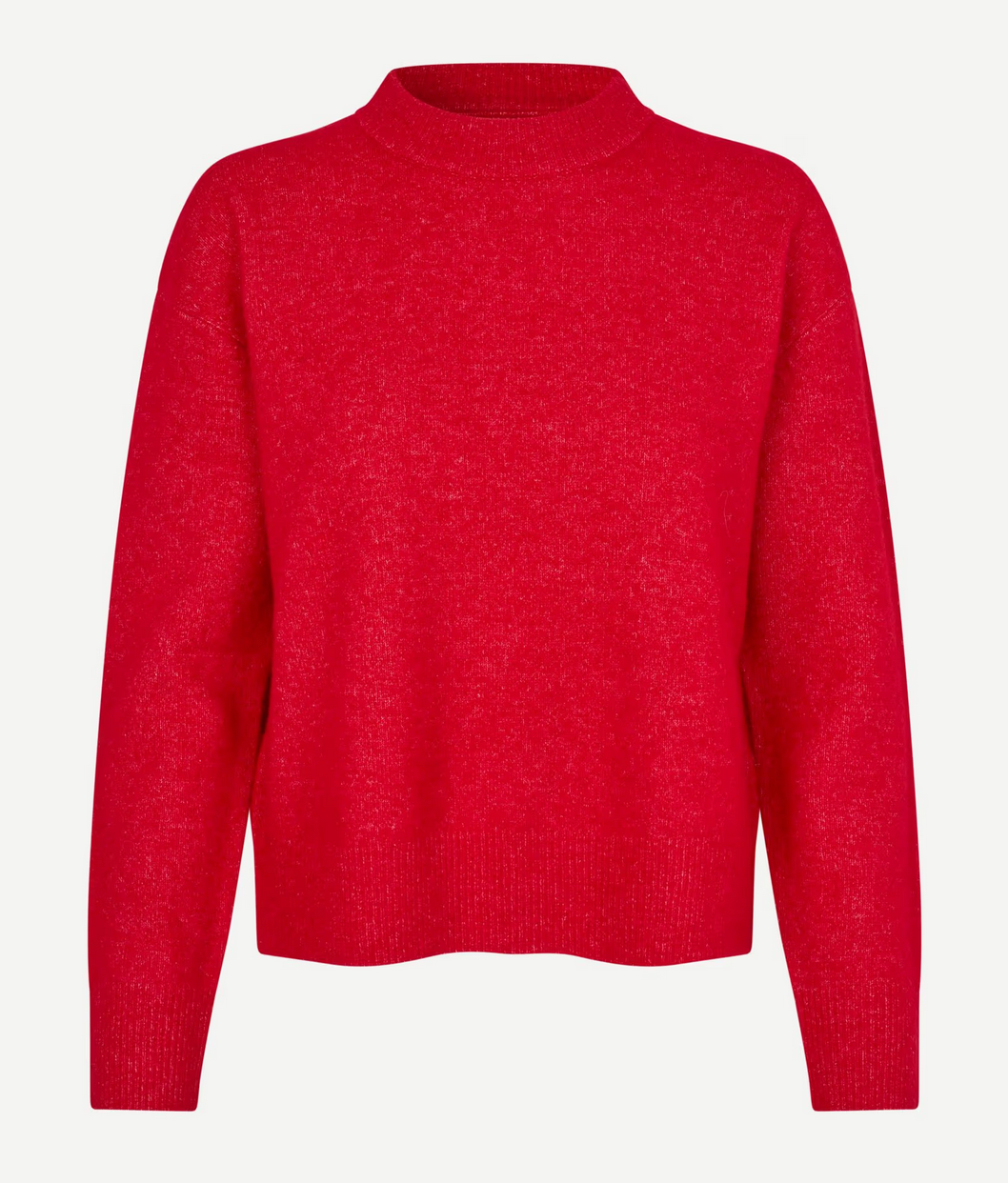 The Samsøe Samsøe Anour Sweater in Haute Red is a plain long-sleeve crew neck style, crafted from a soft wool alpaca blend and displayed on a white background.
