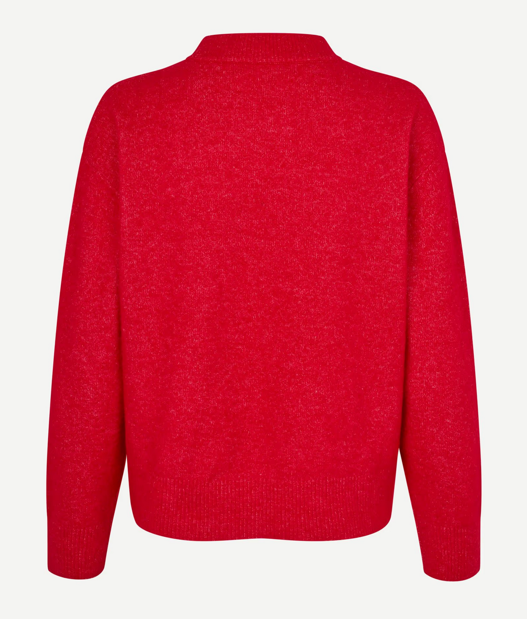 The Anour Sweater - Haute Red by Samsøe Samsøe is shown from the back, featuring a crew neckline and ribbed hem and cuffs, crafted from a cozy wool alpaca blend.
