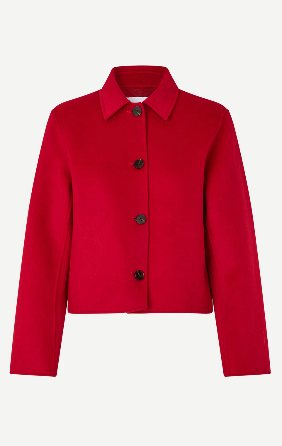 The Saholly Jacket by Samsøe Samsøe in Haute Red features long sleeves, a button-up front, and a classic collar, shown against a white background.