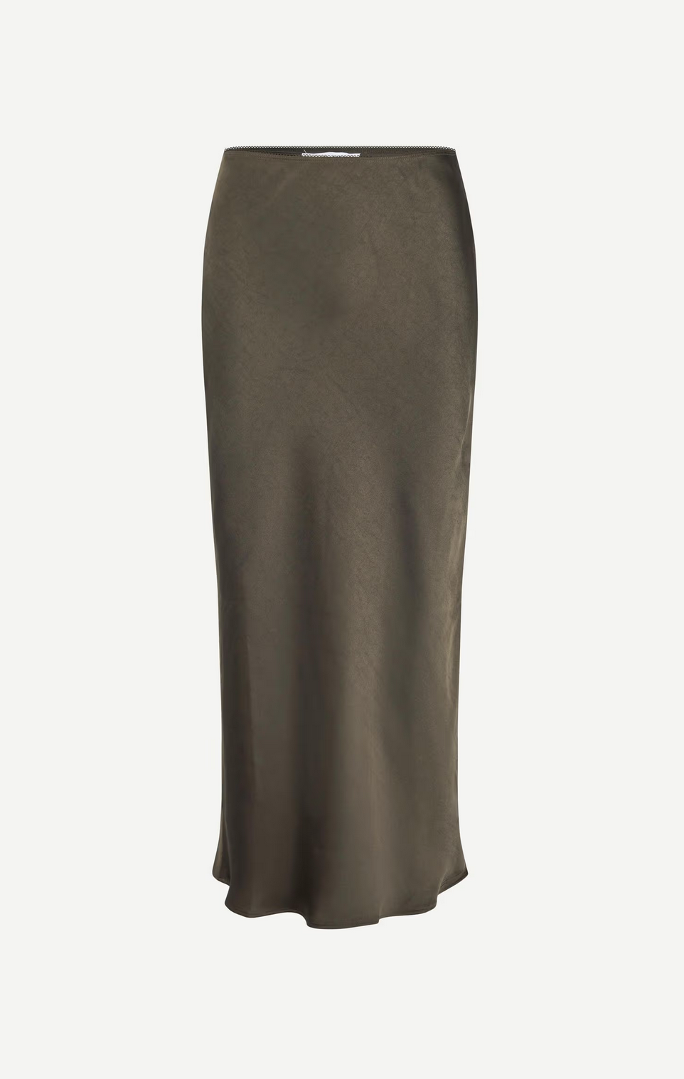 The Saagneta Long Satin Skirt in Deep Forest by Samsøe Samsøe is a high-waisted, elasticated midi crafted from recycled polyester with a smooth, subtly flared silhouette, shown against a plain white background.