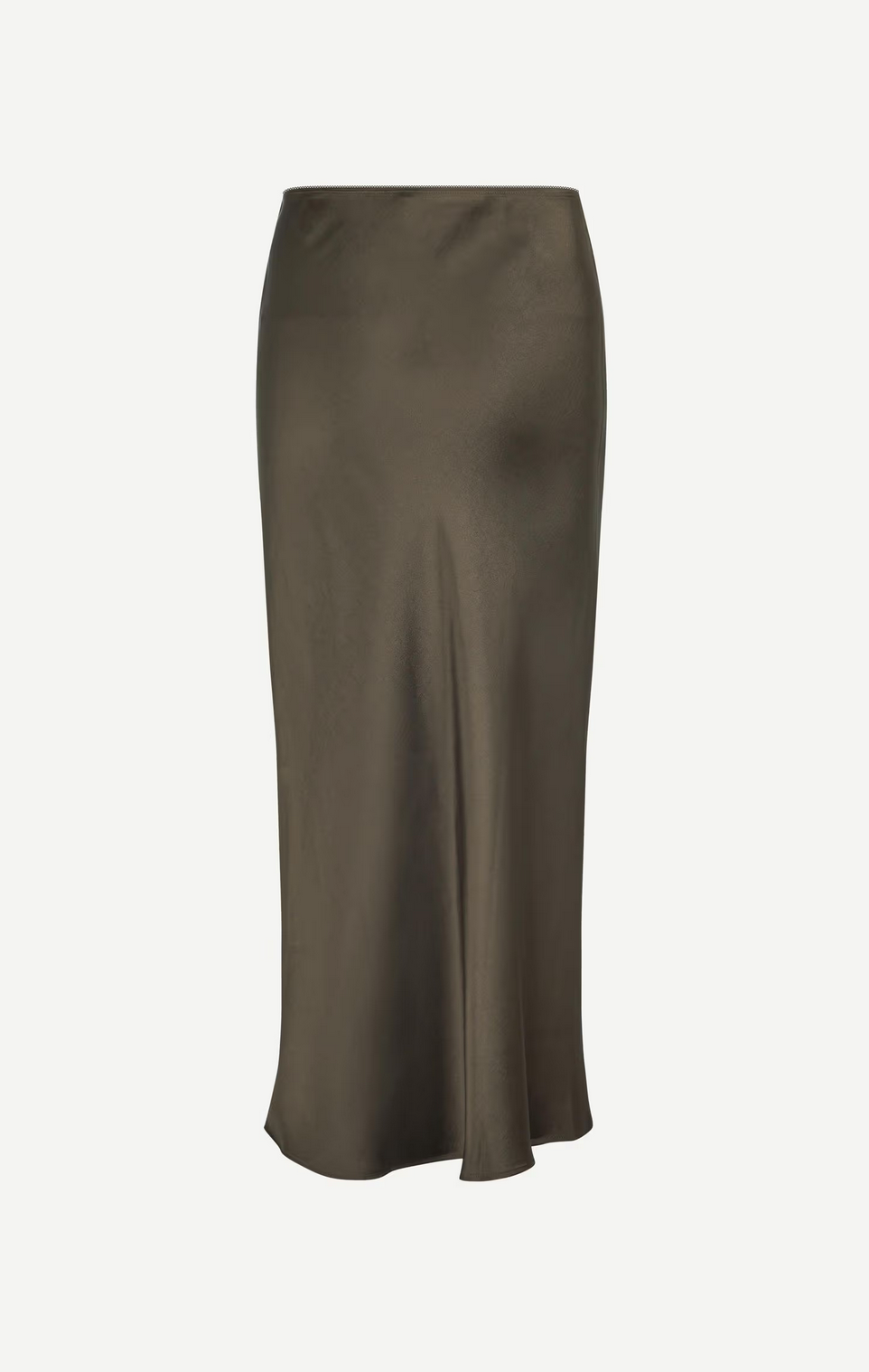 The Saagneta Long Satin Skirt by Samsøe Samsøe is a knee-length, deep forest green midi with a straight silhouette and elastic waist, crafted from recycled polyester and displayed on a plain white background.