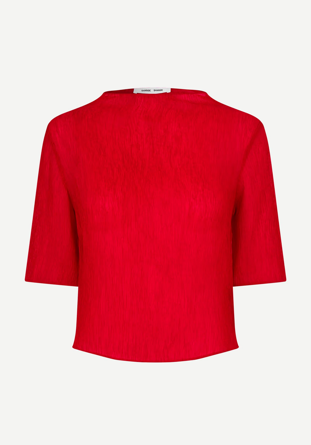 The Samiller Top - Haute Red by Samsøe Samsøe is a plain short-sleeved blouse in recycled viscose, featuring a round neckline and shown on a white background.