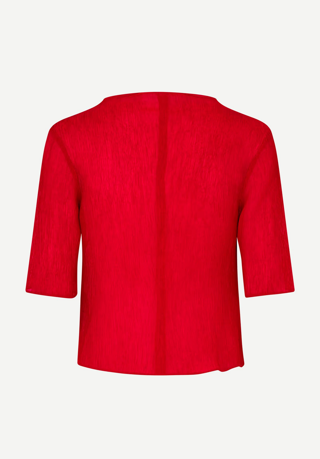 Back view of the Samsøe Samsøe Samiller Top in Haute Red— a short-sleeved, semi-sheer recycled viscose top with a textured finish, straight hem, and no visible fastenings on a plain white background.