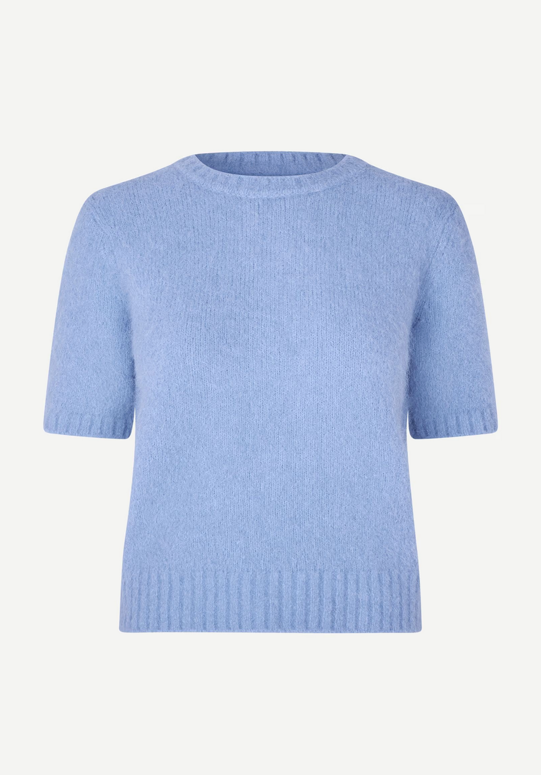 The Sajeanne Sweater by Samsøe Samsøe in Della Robbia Blue features short sleeves, a crew neckline, ribbed hem and cuffs, and a cropped silhouette. Shown here on a plain white background.