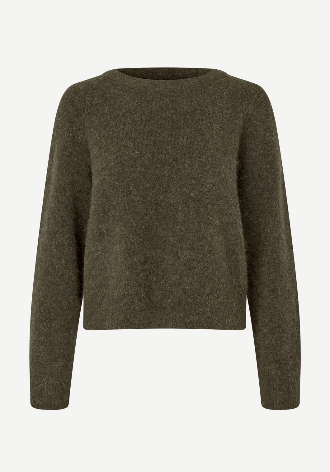 The Samsøe Samsøe Nor-O-Neck Short Sweater in Deep Forest is a plain, long-sleeved knit with a classic crew neckline, shown against a white background.